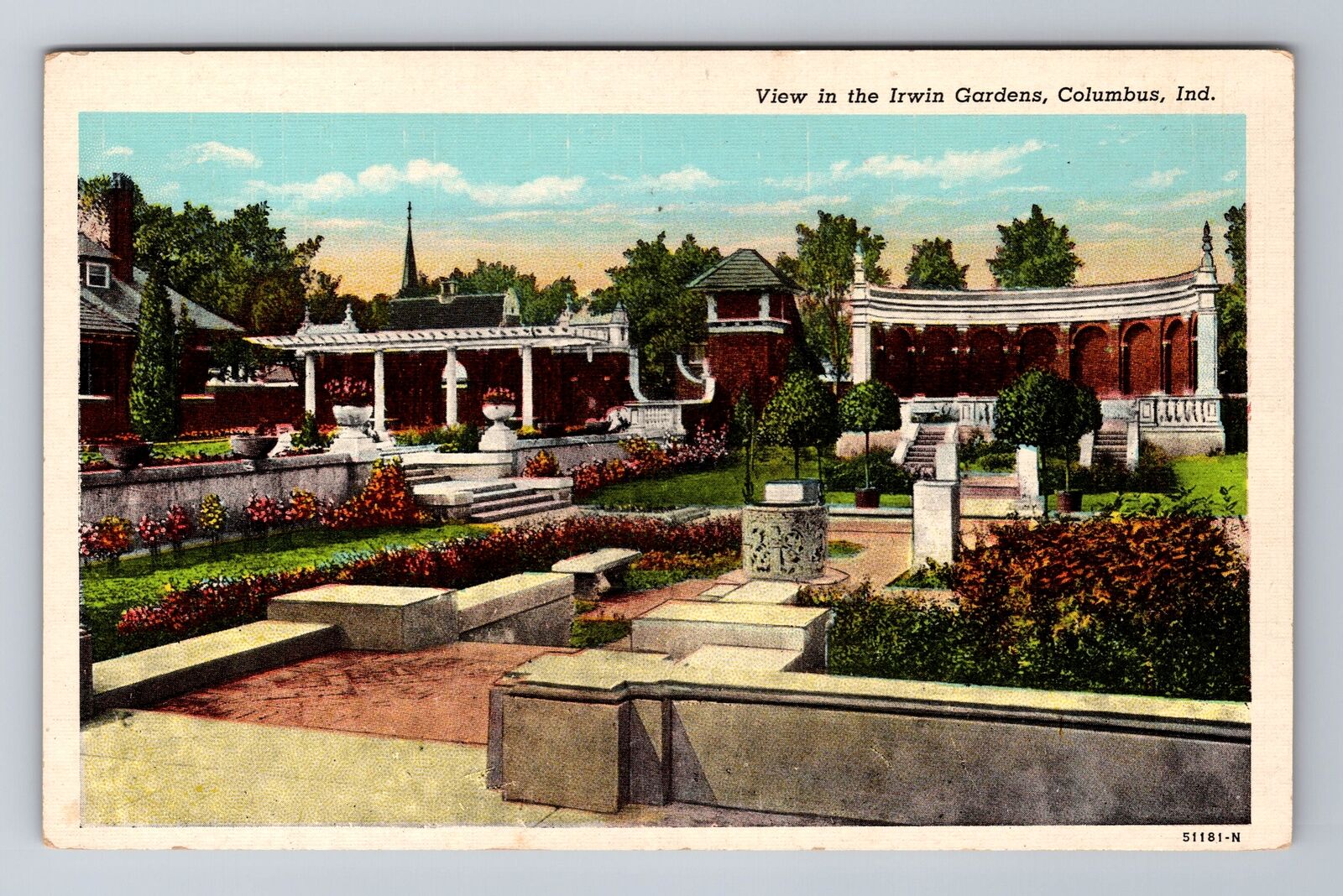 Columbus IN-Indiana, Irwin Gardens, Antique Vintage Souvenir Postcard