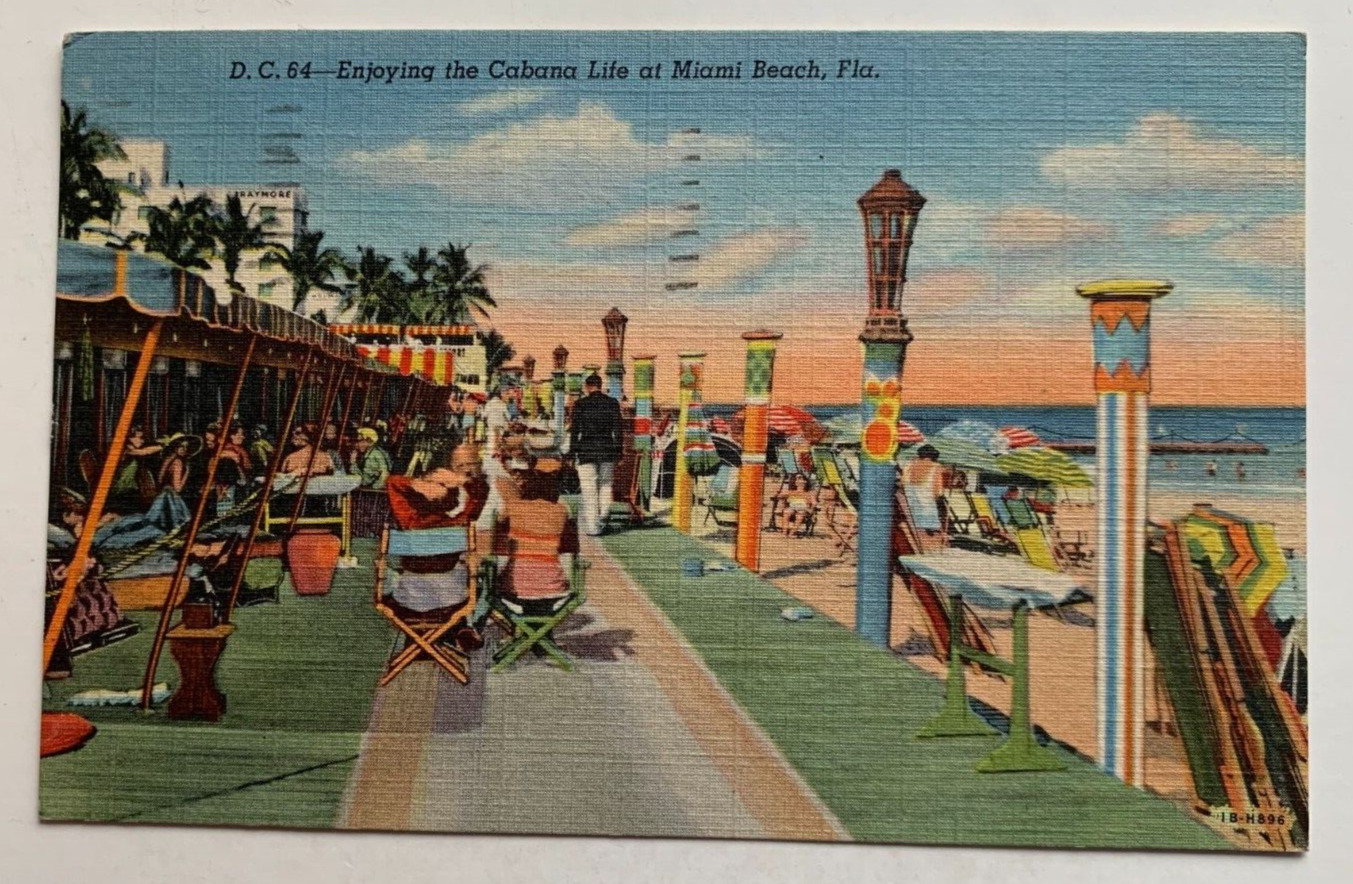 1948 FL Postcard Miami Beach Florida Enjoying the Cabana Life beach sunbathers