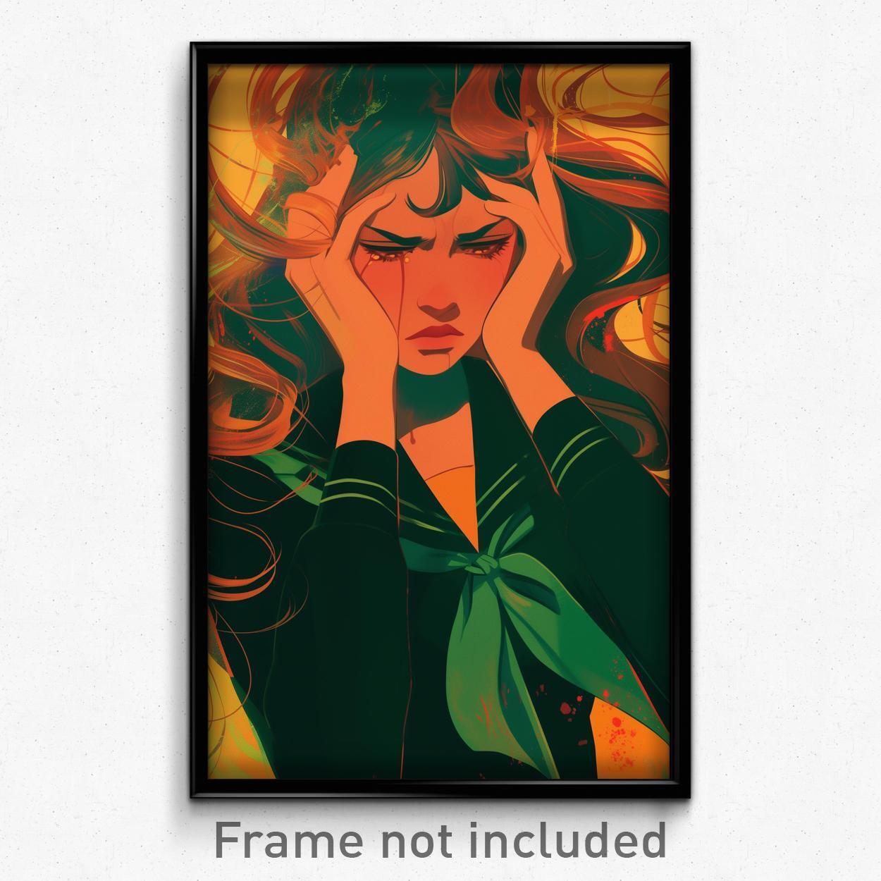Art Poster - Woman Feeling Upset Wearing Livid Green Sailor Collar (Art Print)