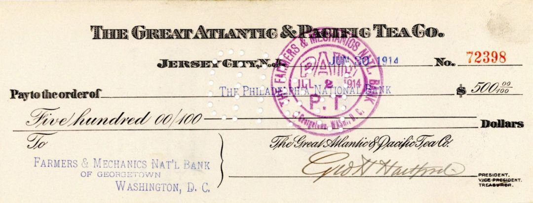 George Huntington Hartford signed check - Autographs of Famous People
