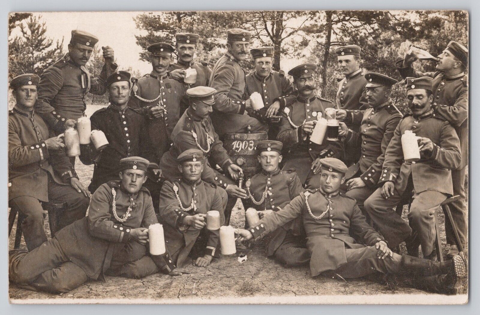 WWI RPPC German Soldiers Field Portrait Holding Beer Steins Postcard