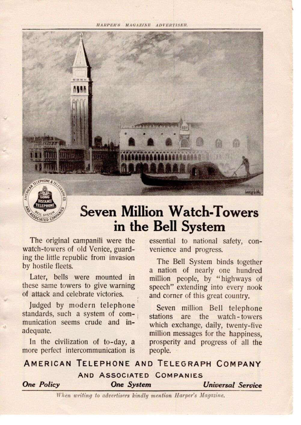 ANTIQUE Print Ad BELL TELEPHONE Telegraph Phone Company Watchtower 1913