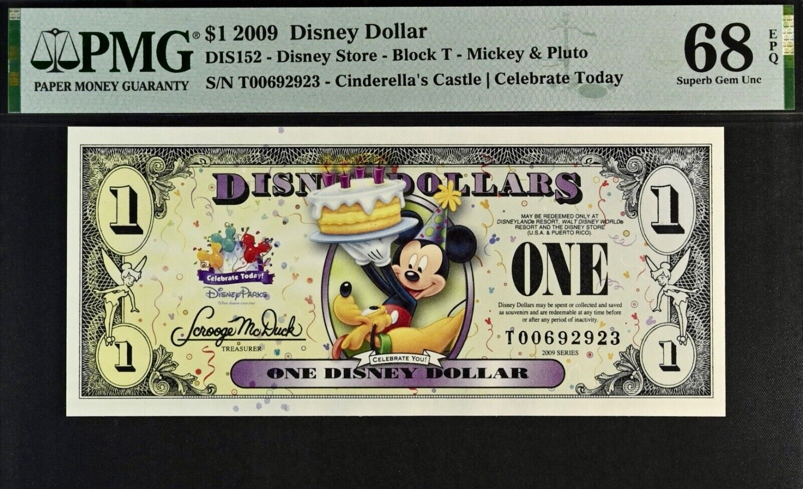 2009 $1 Disney Dollar Mickey & Pluto PMG 68 Superb Gem Unc EPQ DIS 152 T00692923