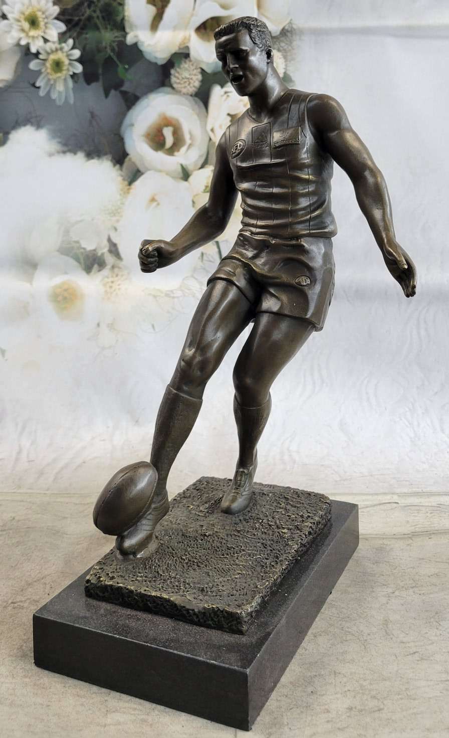 THE PERFECT KICK- Hot Cast Bronze RUGBY PLAYER Sculpture by M.Lopez DEAL