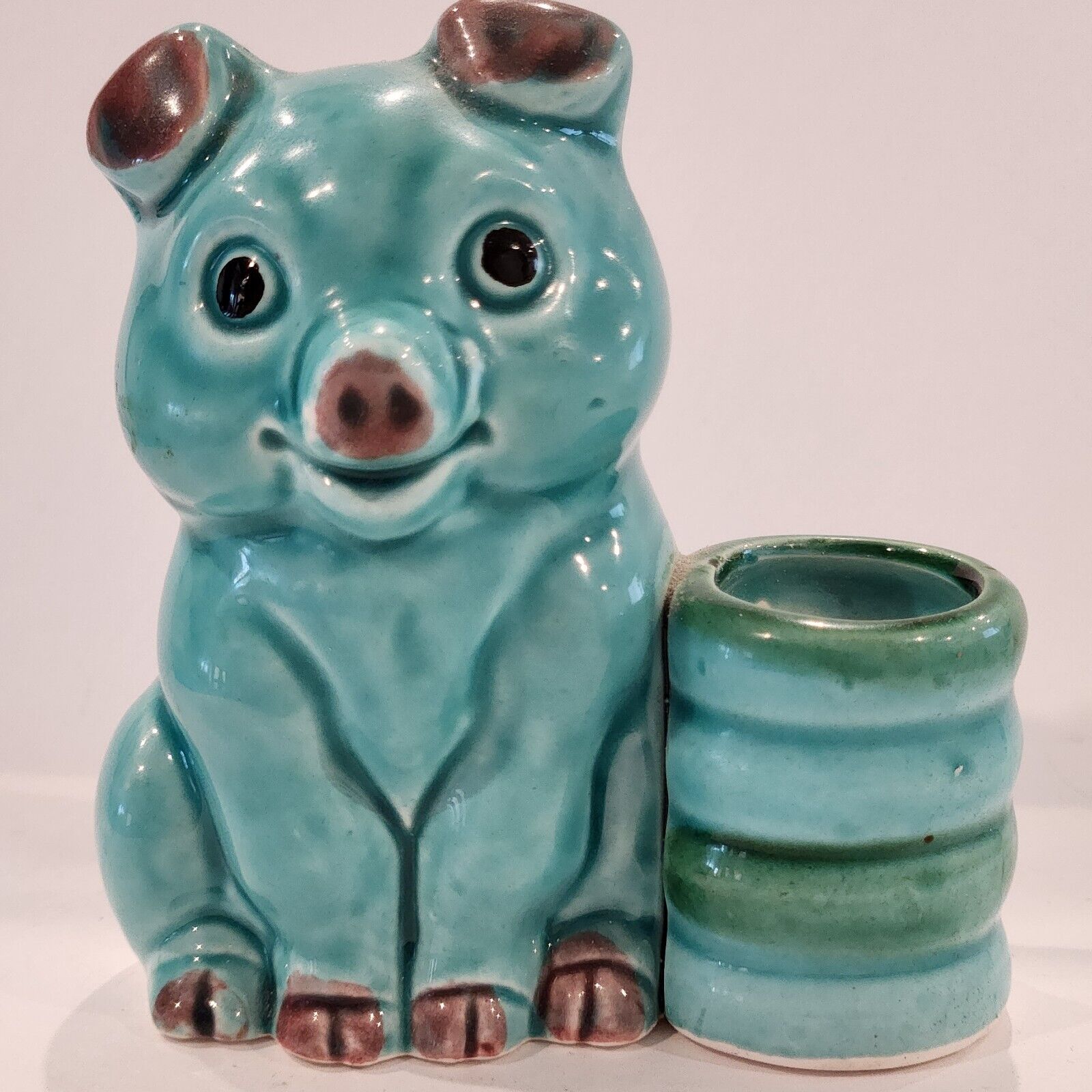 Vintage Turquoise Pig Ceramic Toothpick Holder 3\