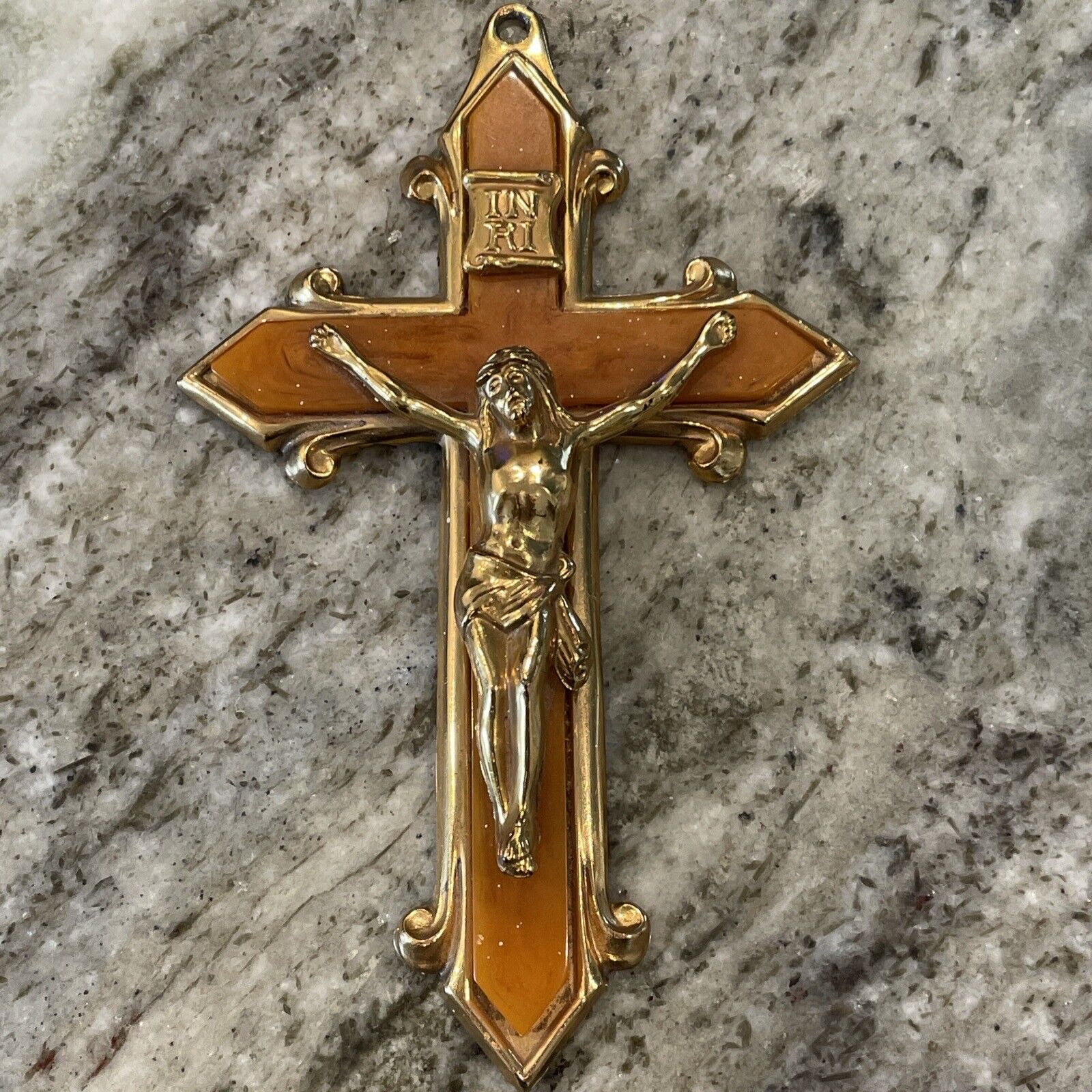 Vintage INRI Jesus Christ Crucifix Wall Brass Topaz Bronze Inlay OOAK ❤️blt39j4