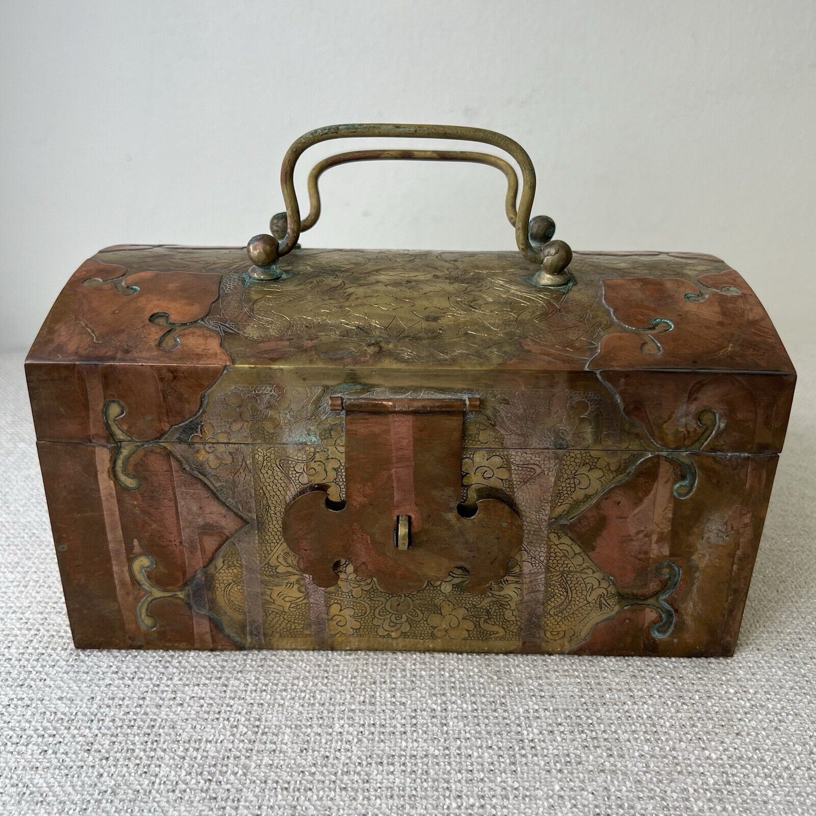 Antique Vintage Asian Patina Brass Copper Chest Box Dragons Wood Lined 8 x 4.5\