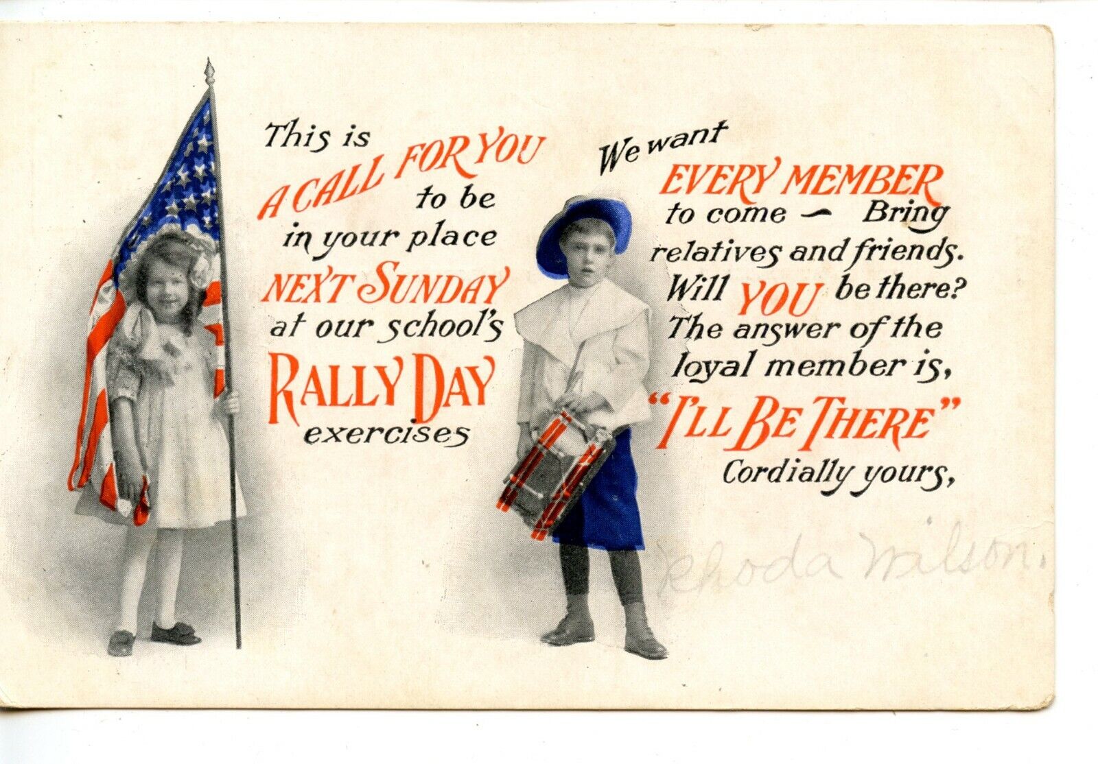 Rally Day-Cute Patriotic Children-USA Flag-Drum-Vintage Religious Postcard
