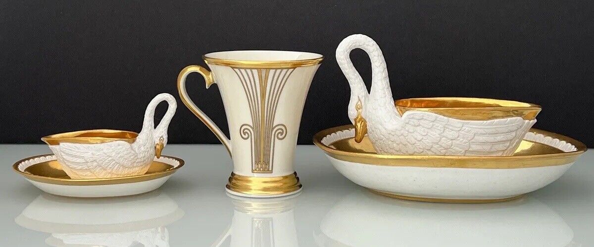 Large Rare Antique Sevres Empire Period Porcelain Swan Cup & Saucer 1804-1809
