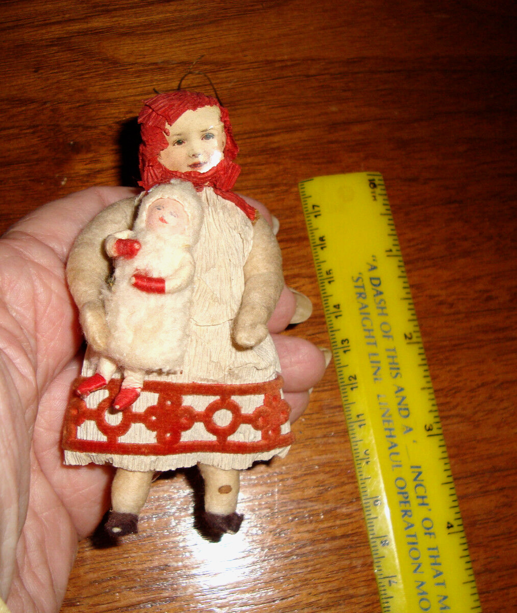 Antique German COTTON GIRL W/ DOLL  Ornament