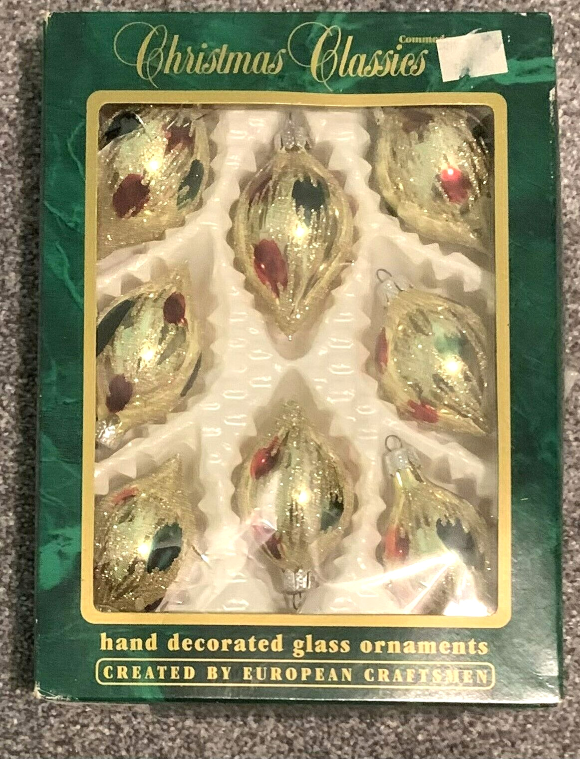 8 Vintage Bradford Trimmeries Gold Glass Decorated Tear Drop Christmas Ornaments