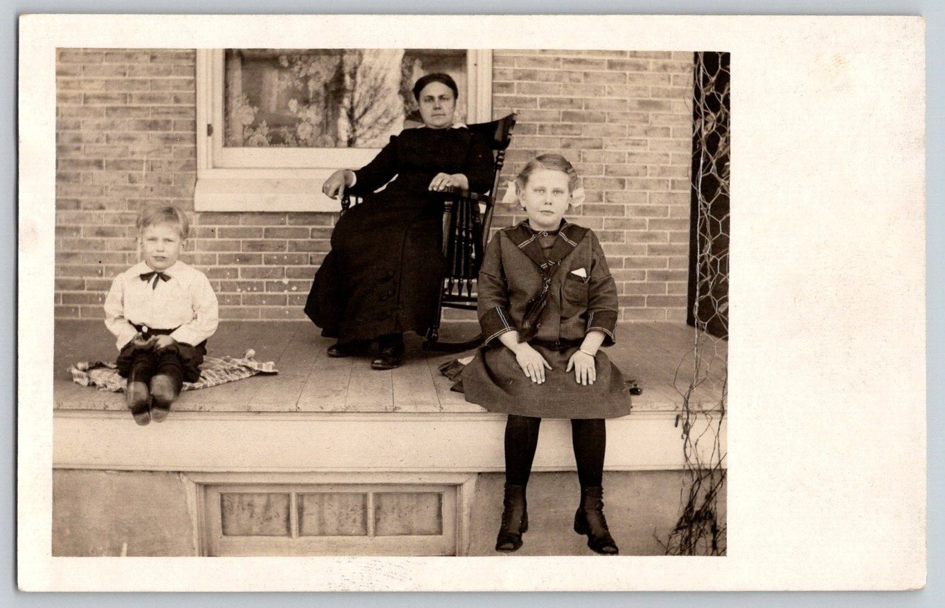 RPPC Postcard~ Children & Mother Sitting On Their Front Porch