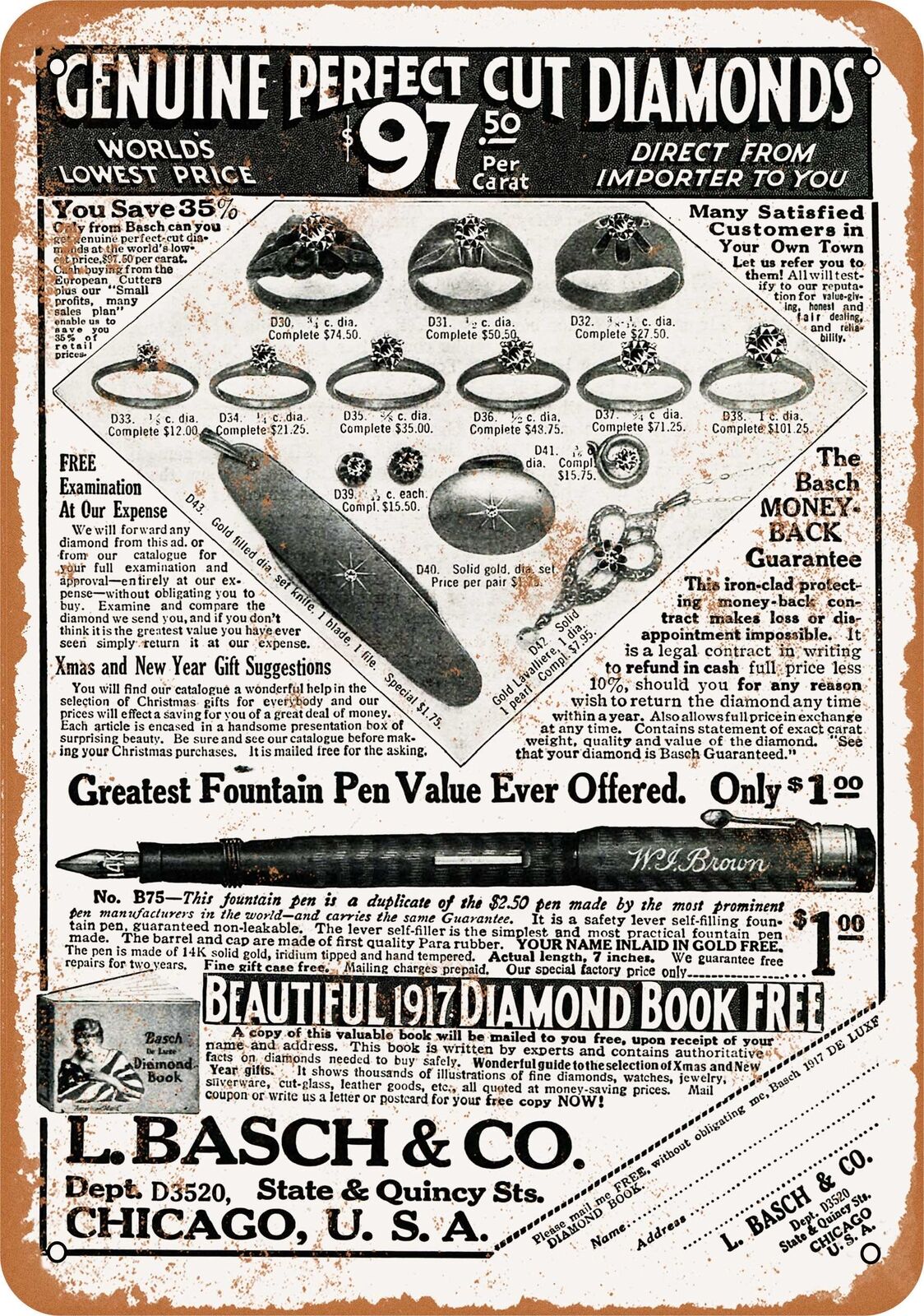 Metal Sign - 1917 L. Basch & Co. Diamonds -- Vintage Look