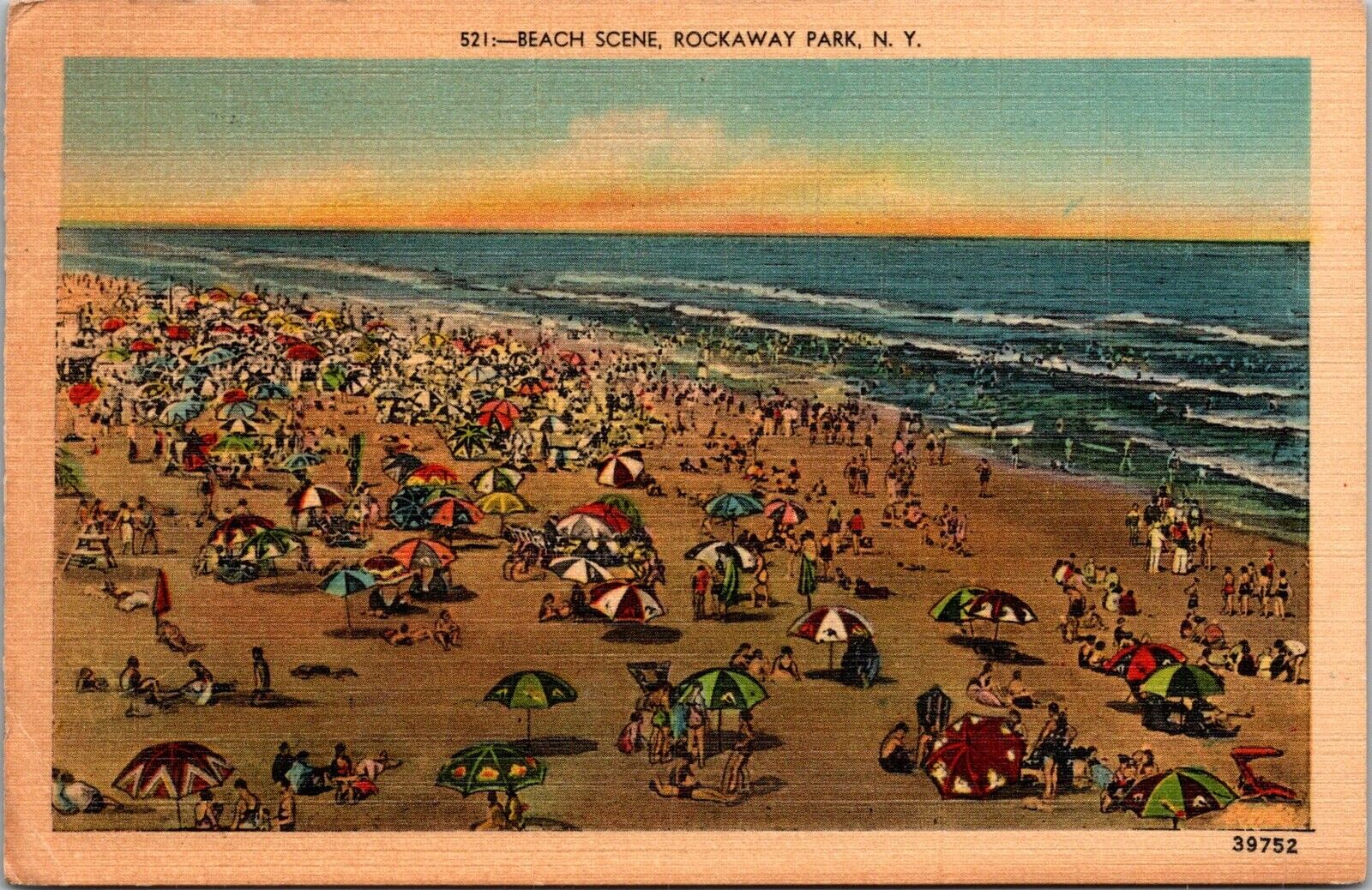 Rockaway Park, New York~Crowd Beach~Umbrellas~seaside~VTG Linen Postcard~KA19