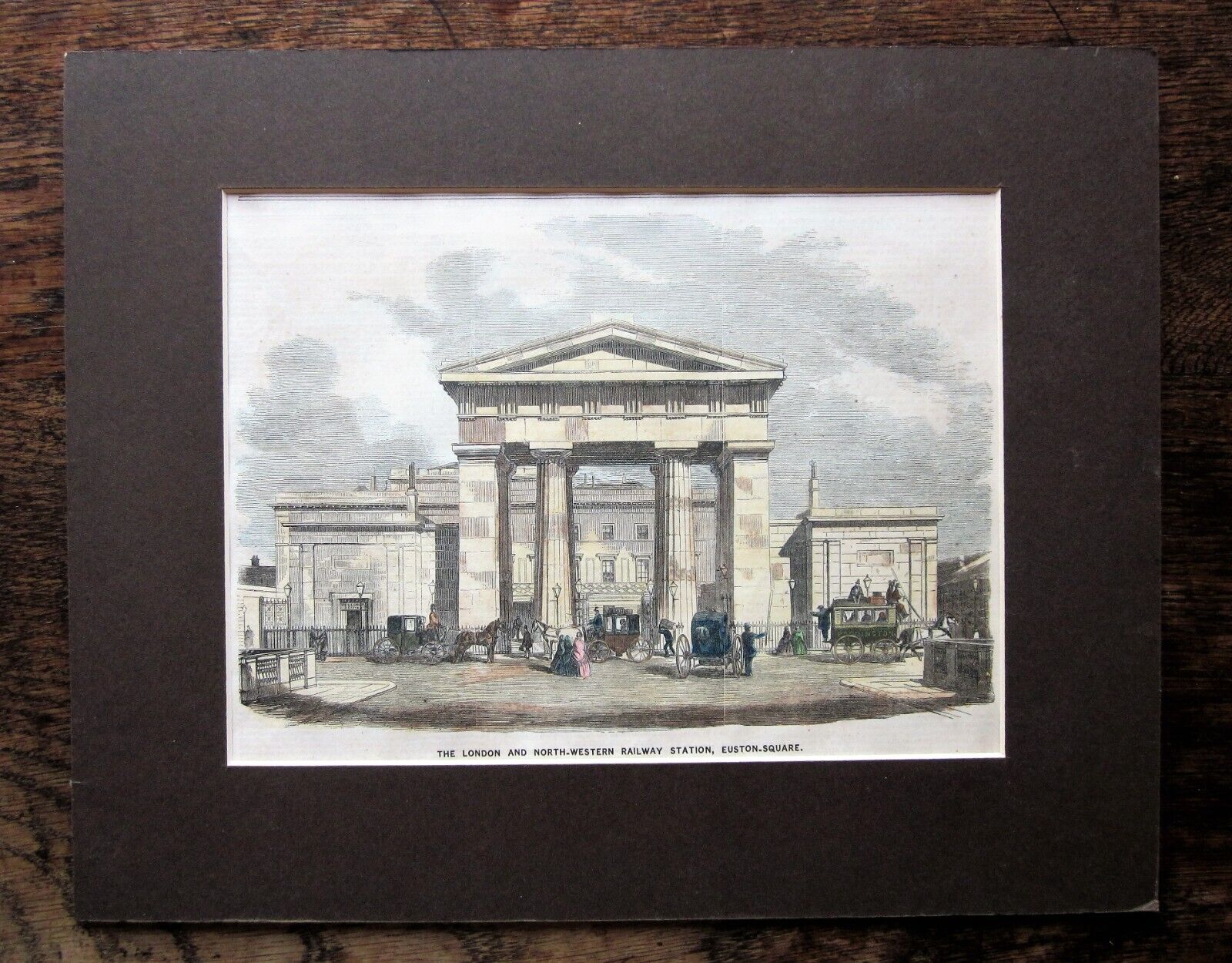 1858 Euston Arch Railway Station Antique Print Handcol. L&NWR London Birmingham