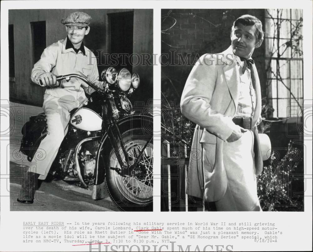 1970 Press Photo Actor Clark Gable, Posing and on Motorcycle - hpp40430