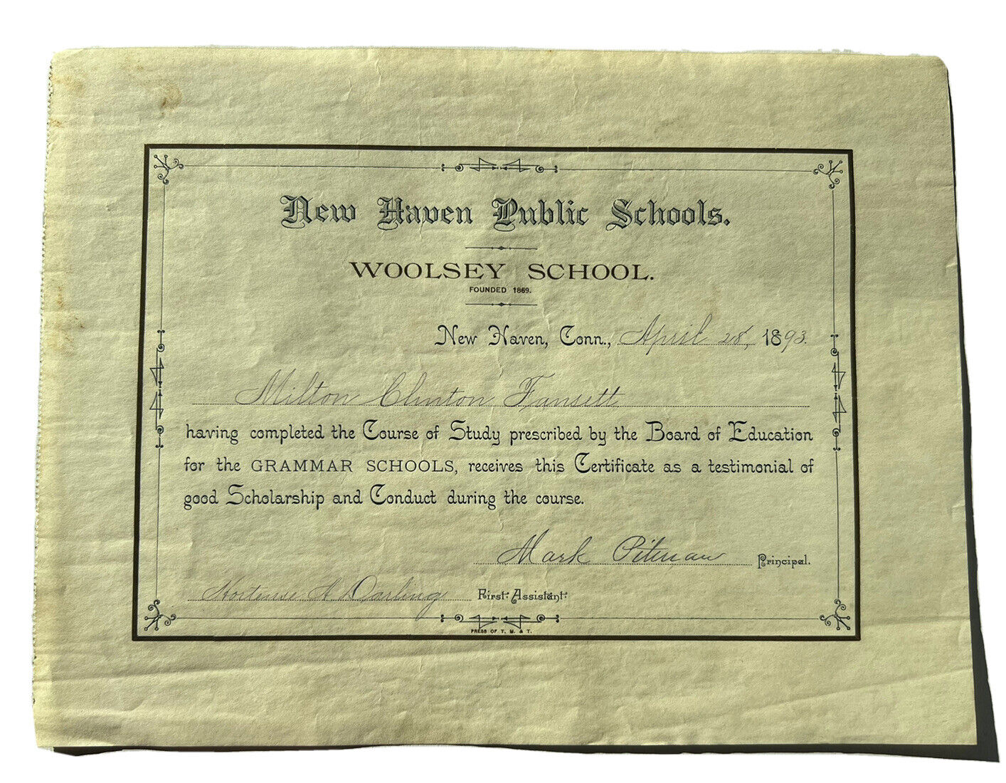 1893 NEW HAVEN CONNECTICUT WOOLSEY SCHOOL DIPLOMA Milton Clinton Fansett 3E
