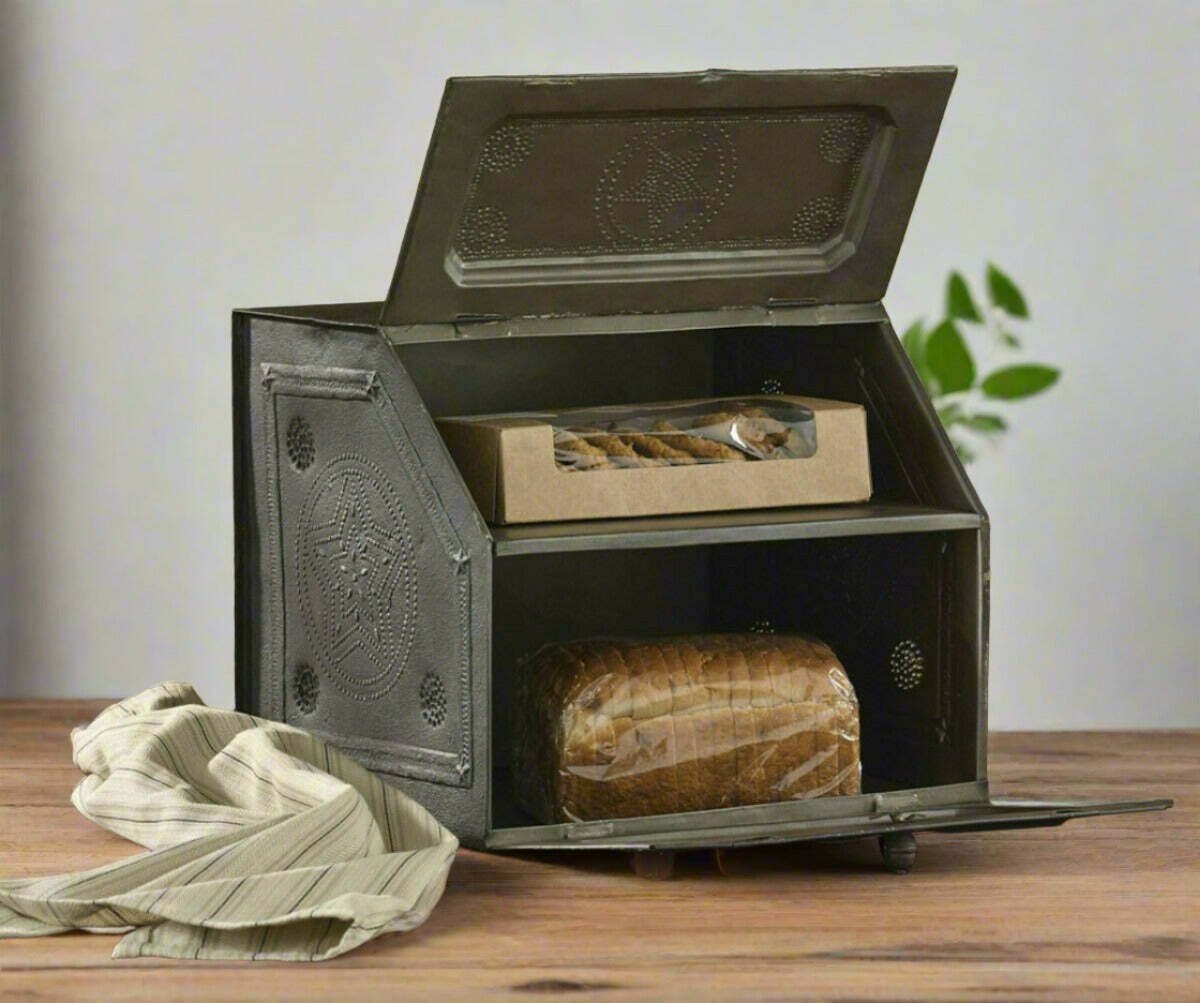 Primitive Farmhouse Black Speckled Star Metal Bread Box Vintage Style
