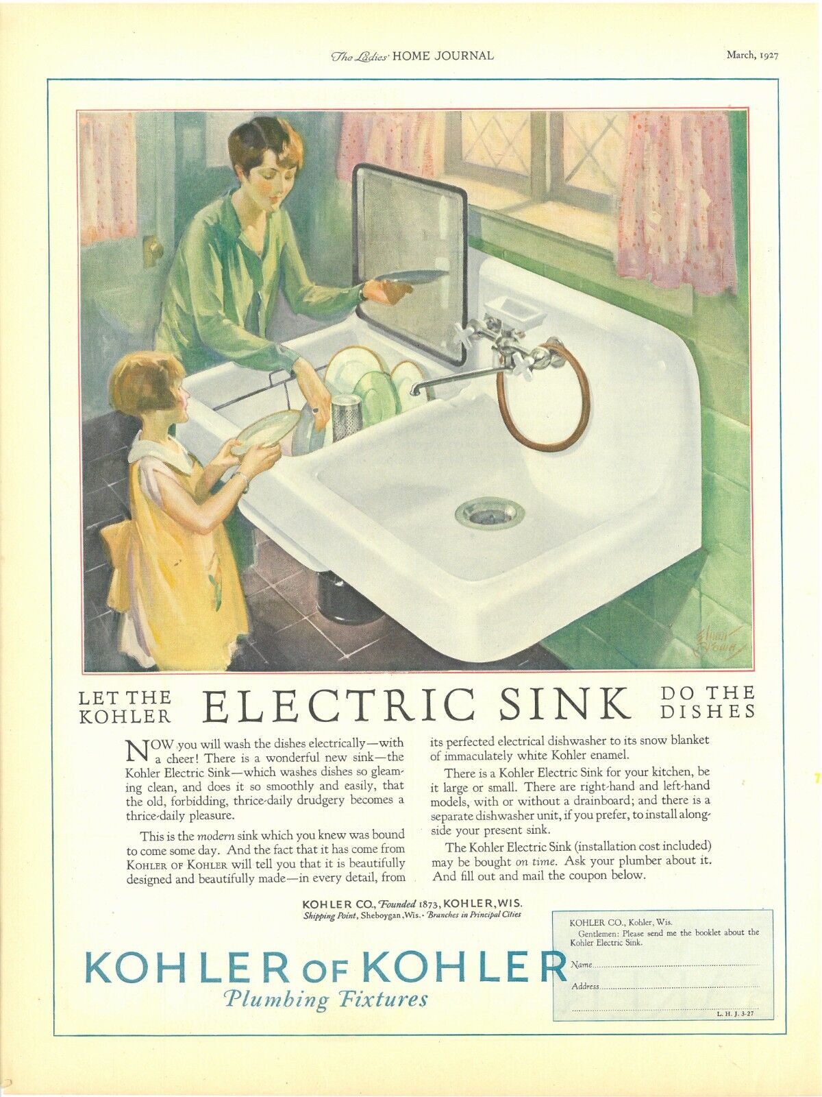 Print Ad Kohler Electric Sink Plumbing Dishes Elmore Brown Art Full Page 1927