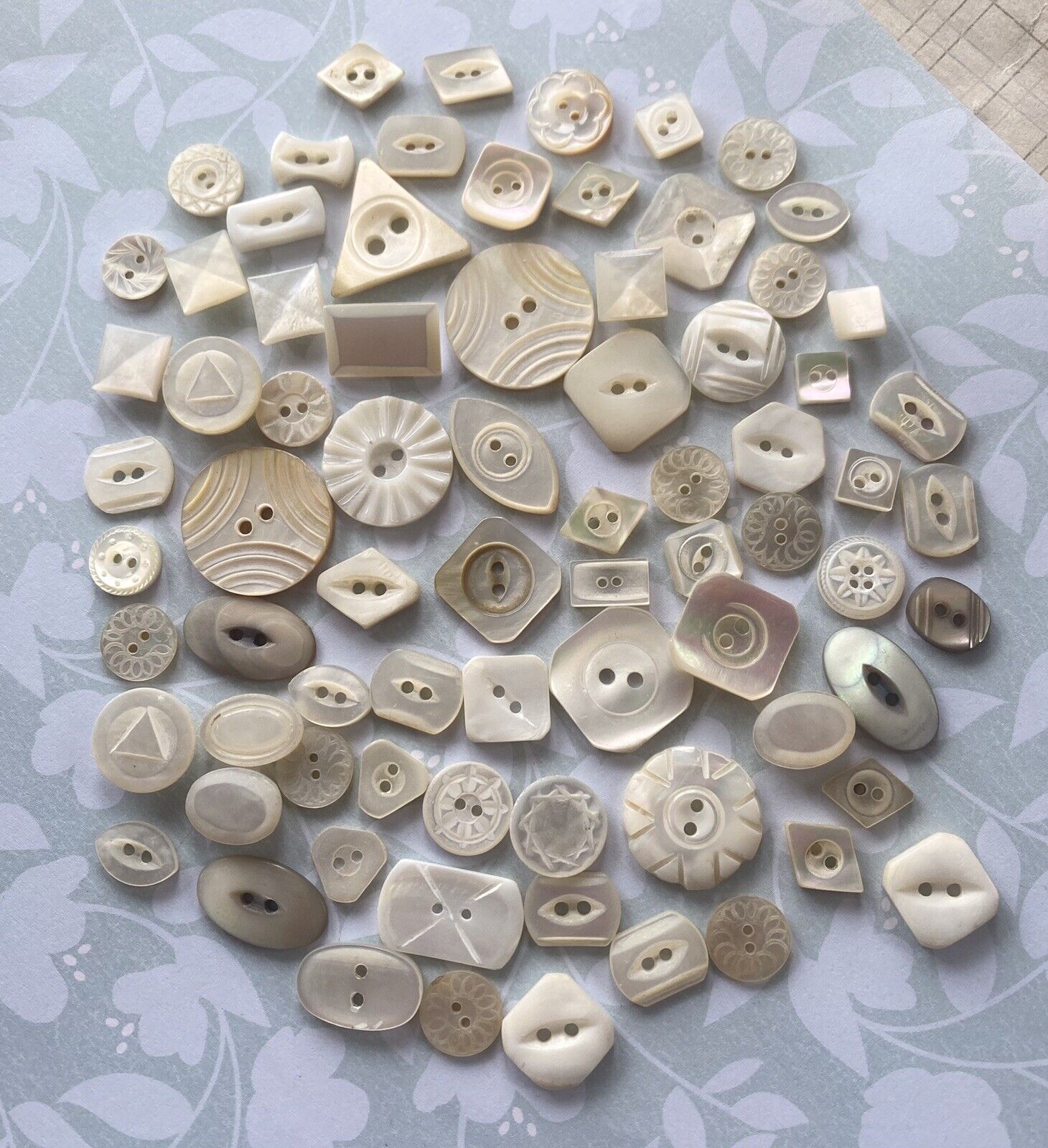 Vintage Mother of Pearl Buttons Assorted Shapes Some Carved Lot of 74
