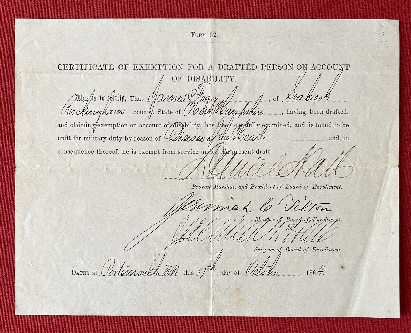 1864 Civil War Draft Exemption Certificate for 