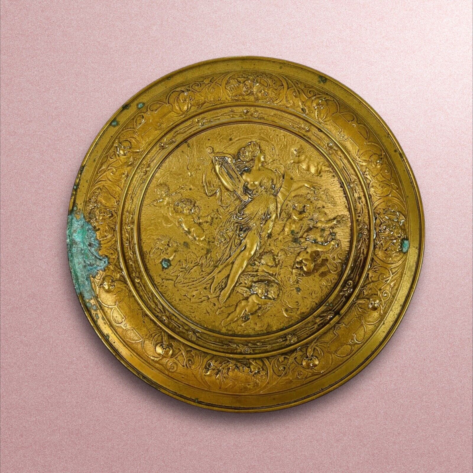 Vintage 12” Copper Wall Plate w/Image Of Angels