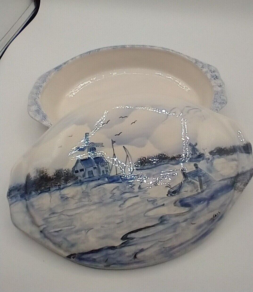 Delft-style Signed Blue and White Oval Covered Casserole/Serving Dish