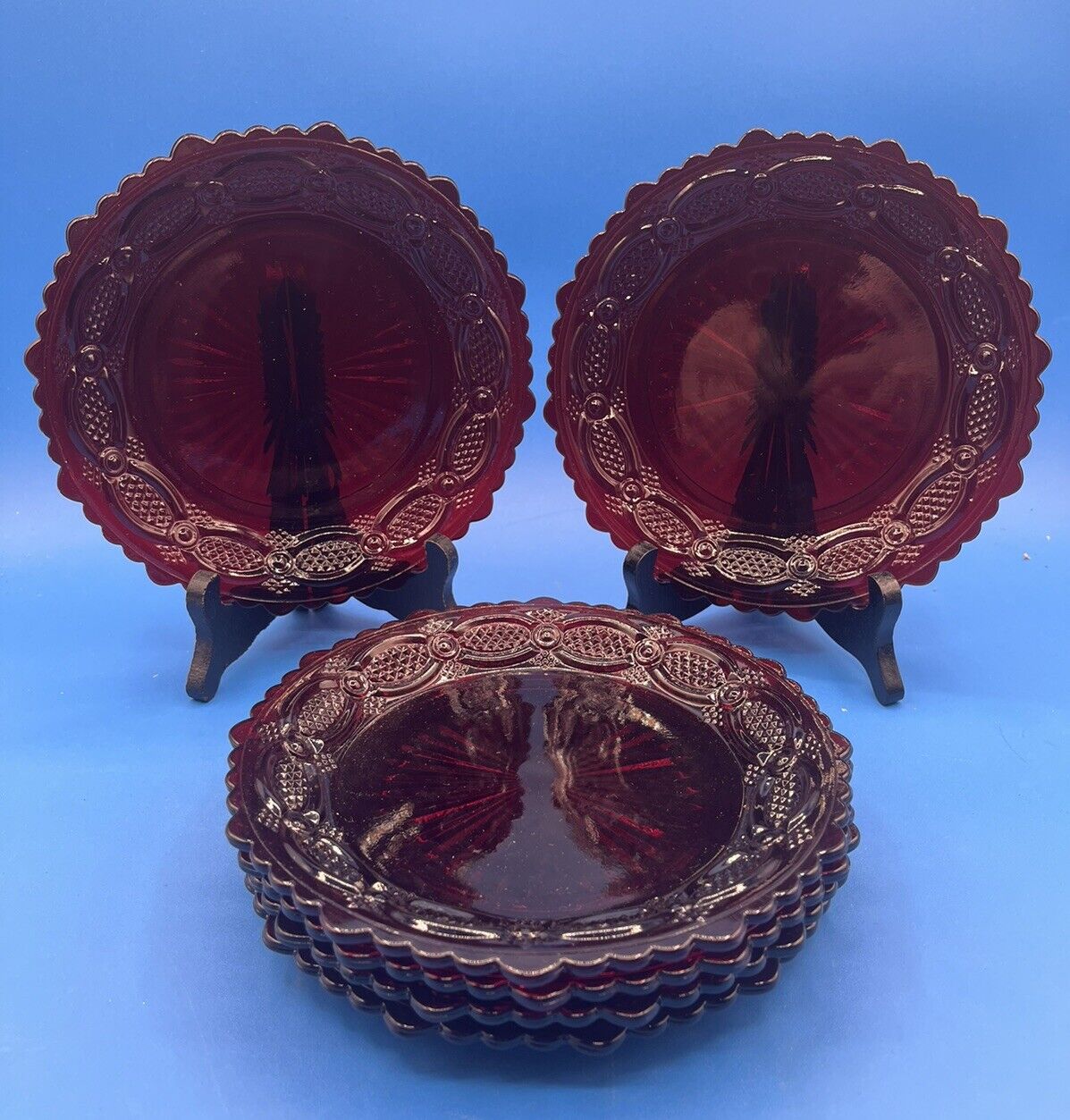 Set Of 6 VTG Avon Cape Cod Ruby Red Dessert Plates 7.5”