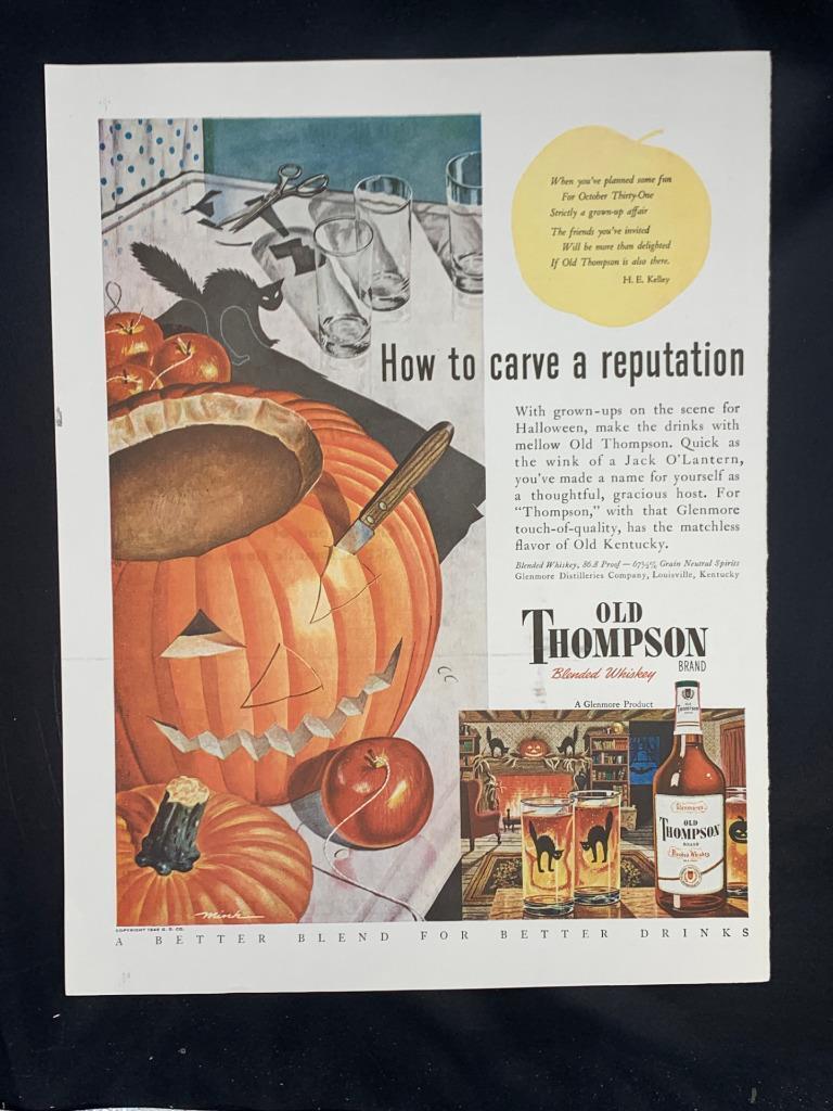 Magazine Ad* - 1946 - Old Thompson Whiskey - HALLOWEEN - black cat
