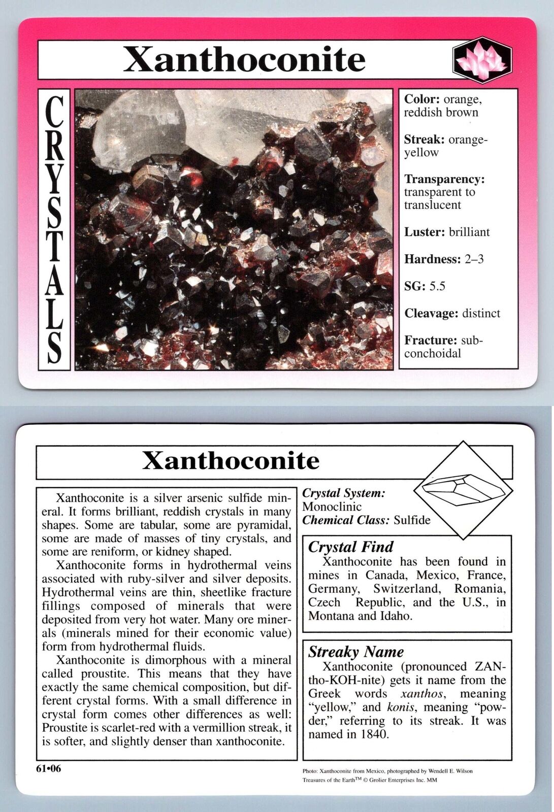 Xanthoconite #61.06 - Crystals - Treasures Of The Earth Grolier Card