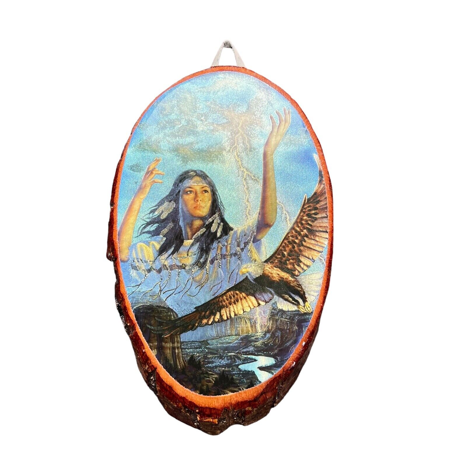 Native American Indian Eagle Maiden  Holographic Print On Wood Slice Plaque