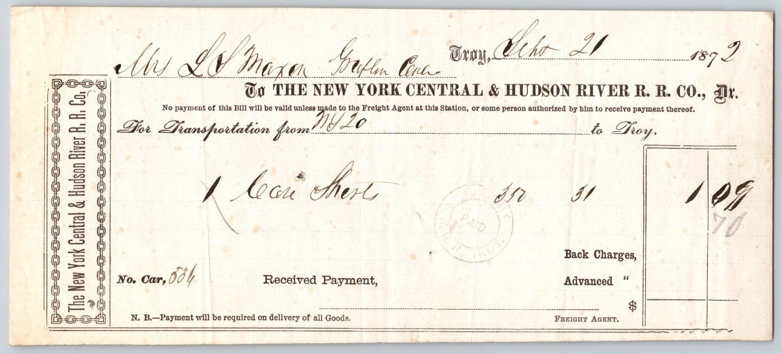 New York Central and Hudson River Railroad 1872 Freight Receipt Troy, NY Scarce