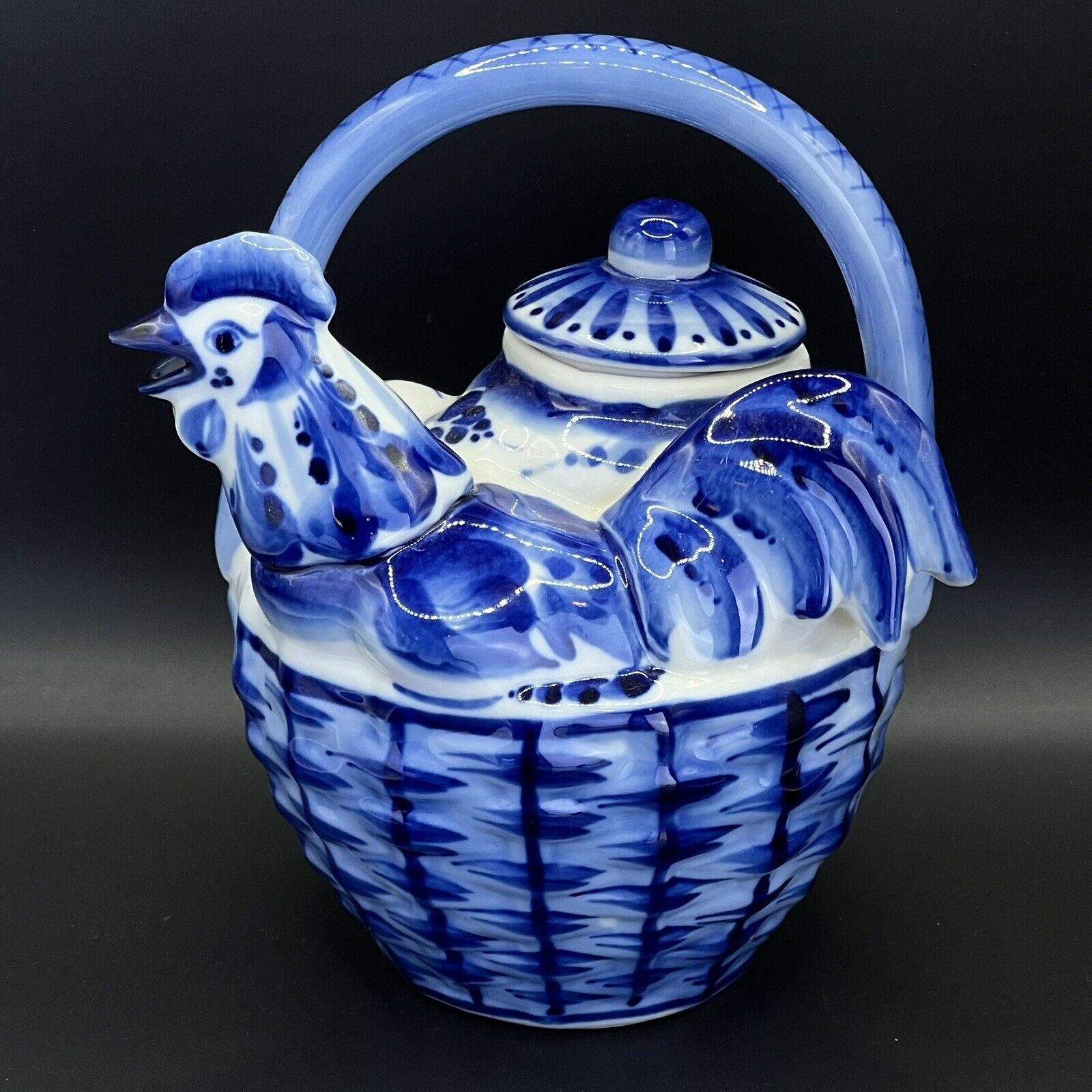 Russian Vintage 2002 Ghzel Decorative Rooster Teapot Blue White Porcelain 6\