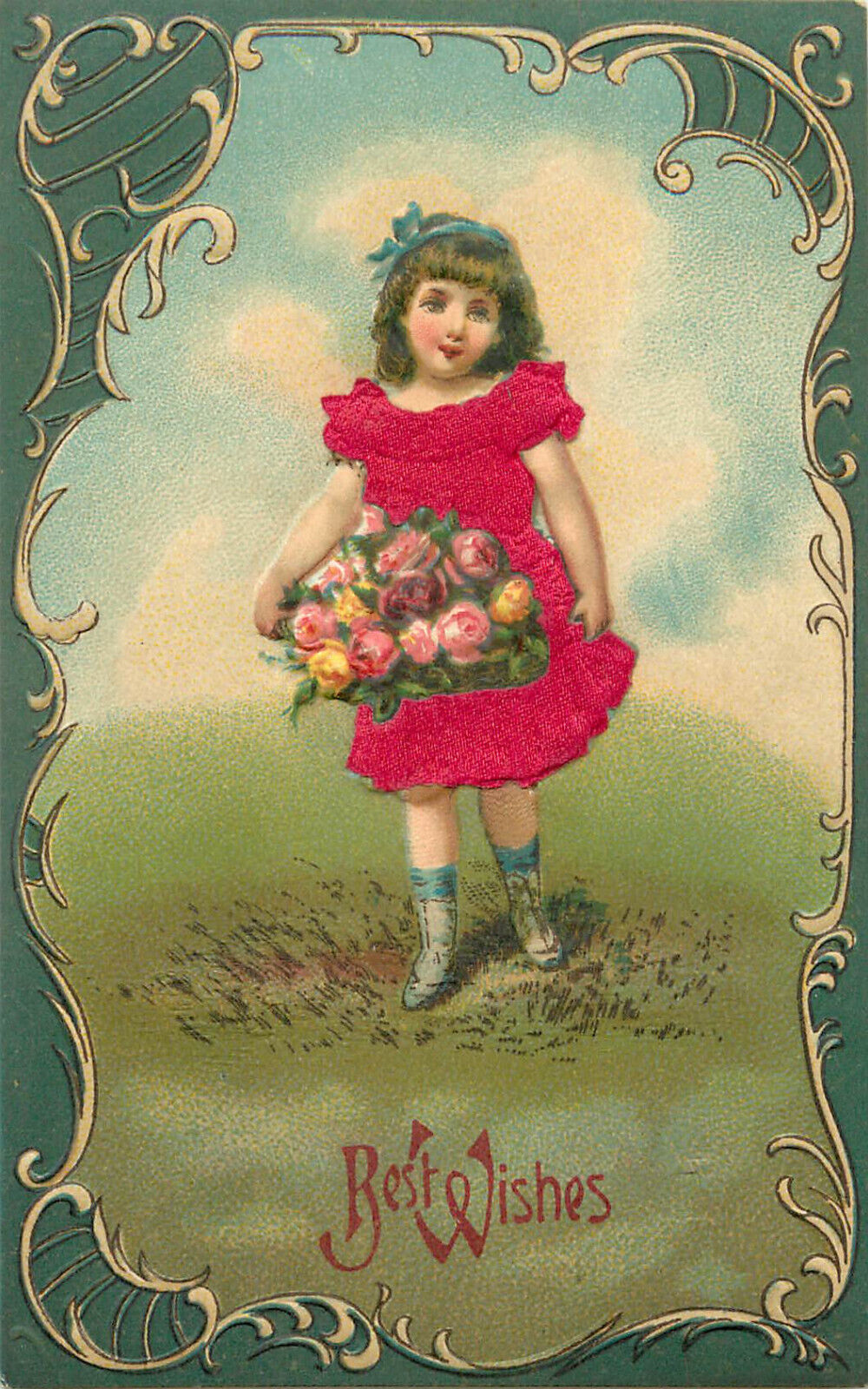 Embossed Postcard Little Girl In Red Silk Applique Dress Best Wishes Roses c1913