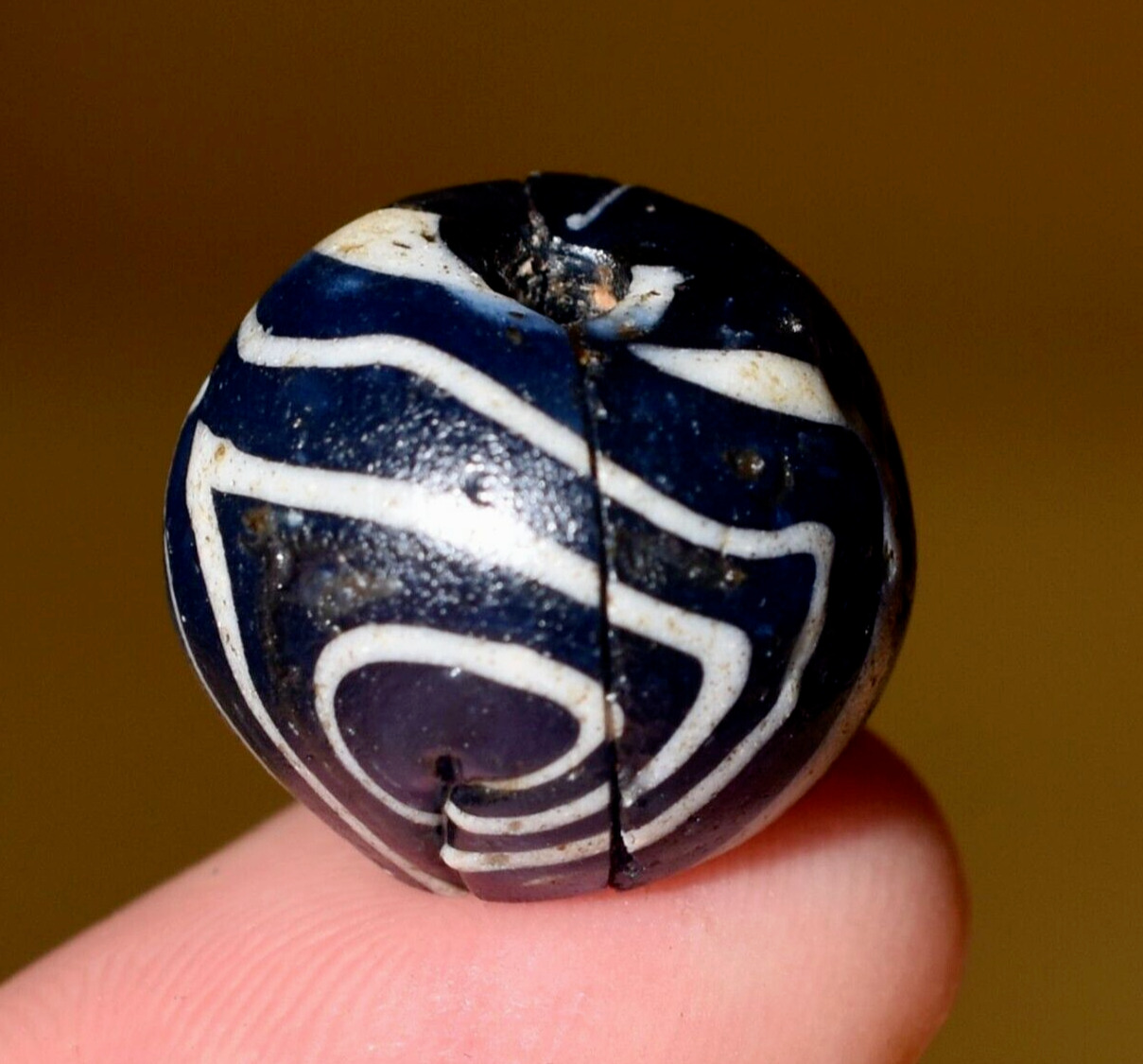 Ancient Islamic Blue & White Folded Glass Dig Bead Excavated Mali, African Trade
