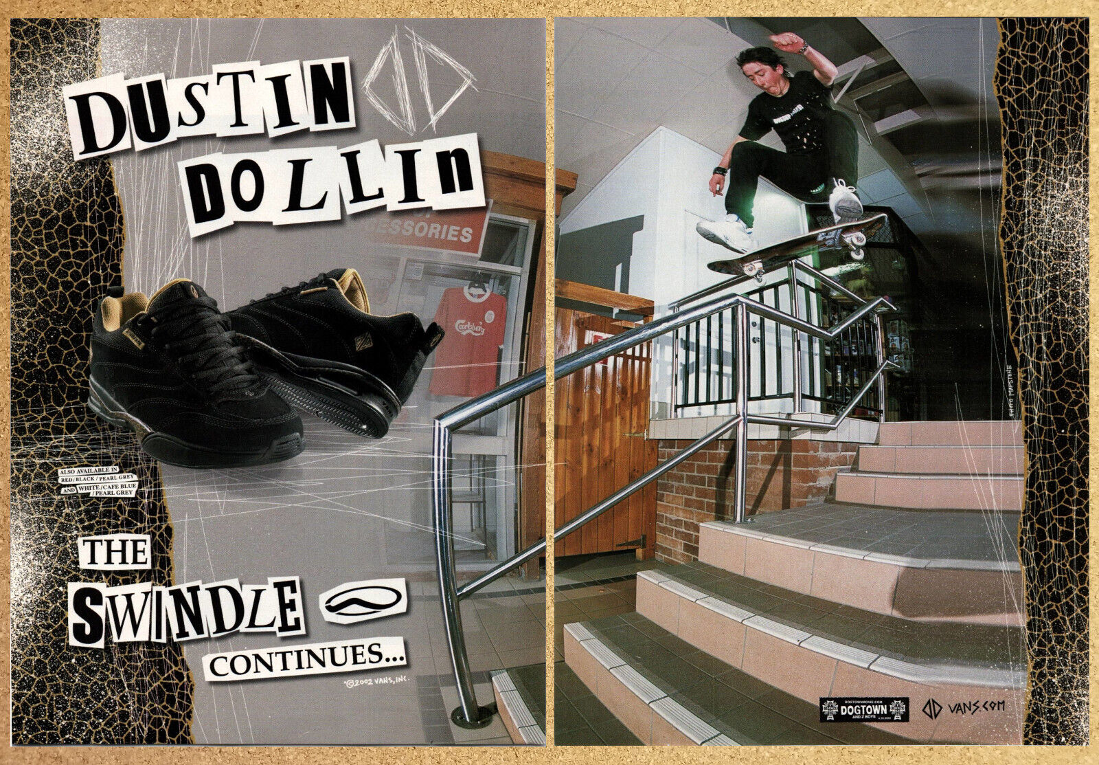 Vans Dustin Dollin The Swindle Skateboard -2 Page Vintage Print Ad Ephemera 2002