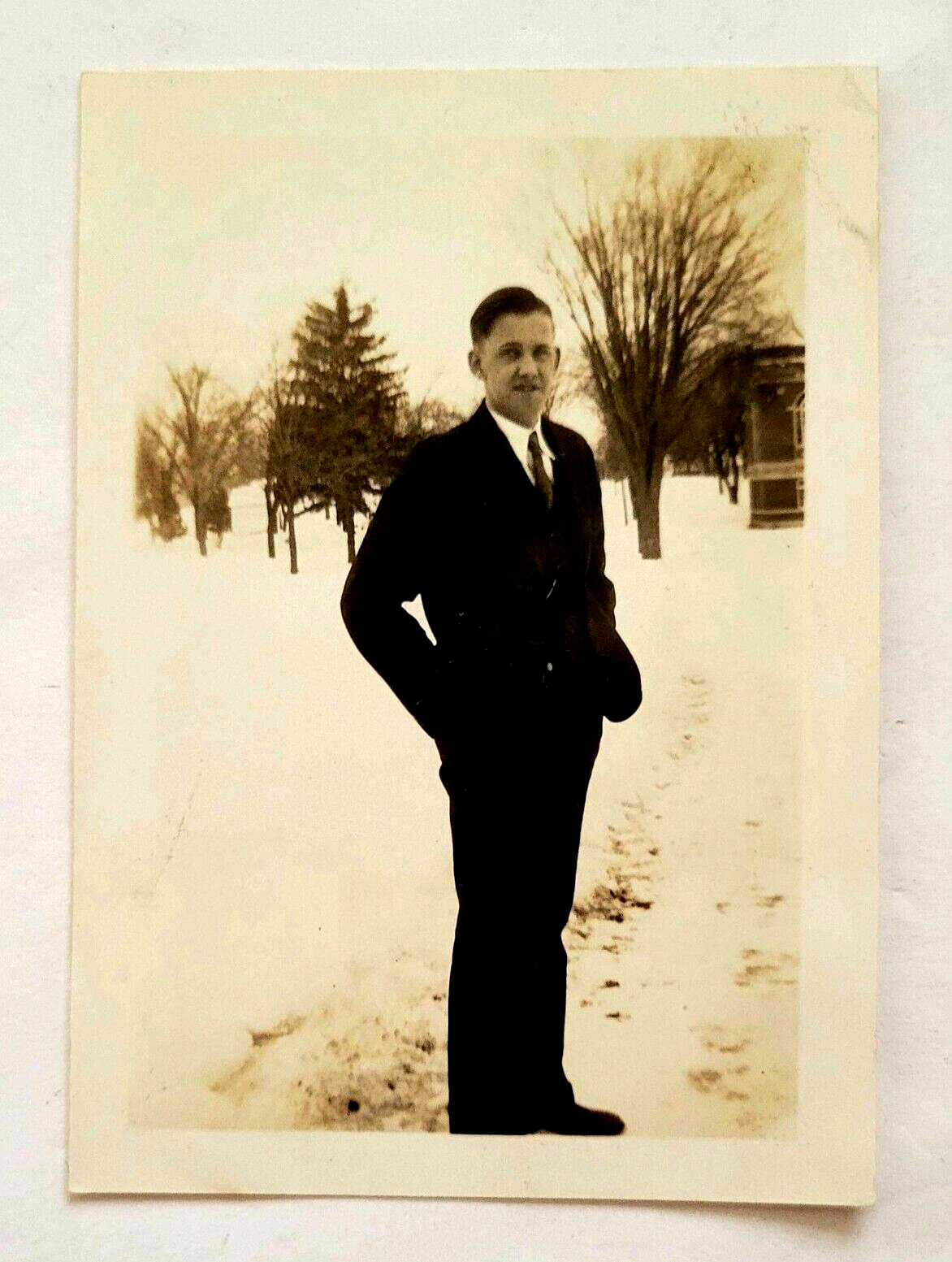 c1920s Winter in Michigan Man in Suit and Tie in the Snow Original Photo