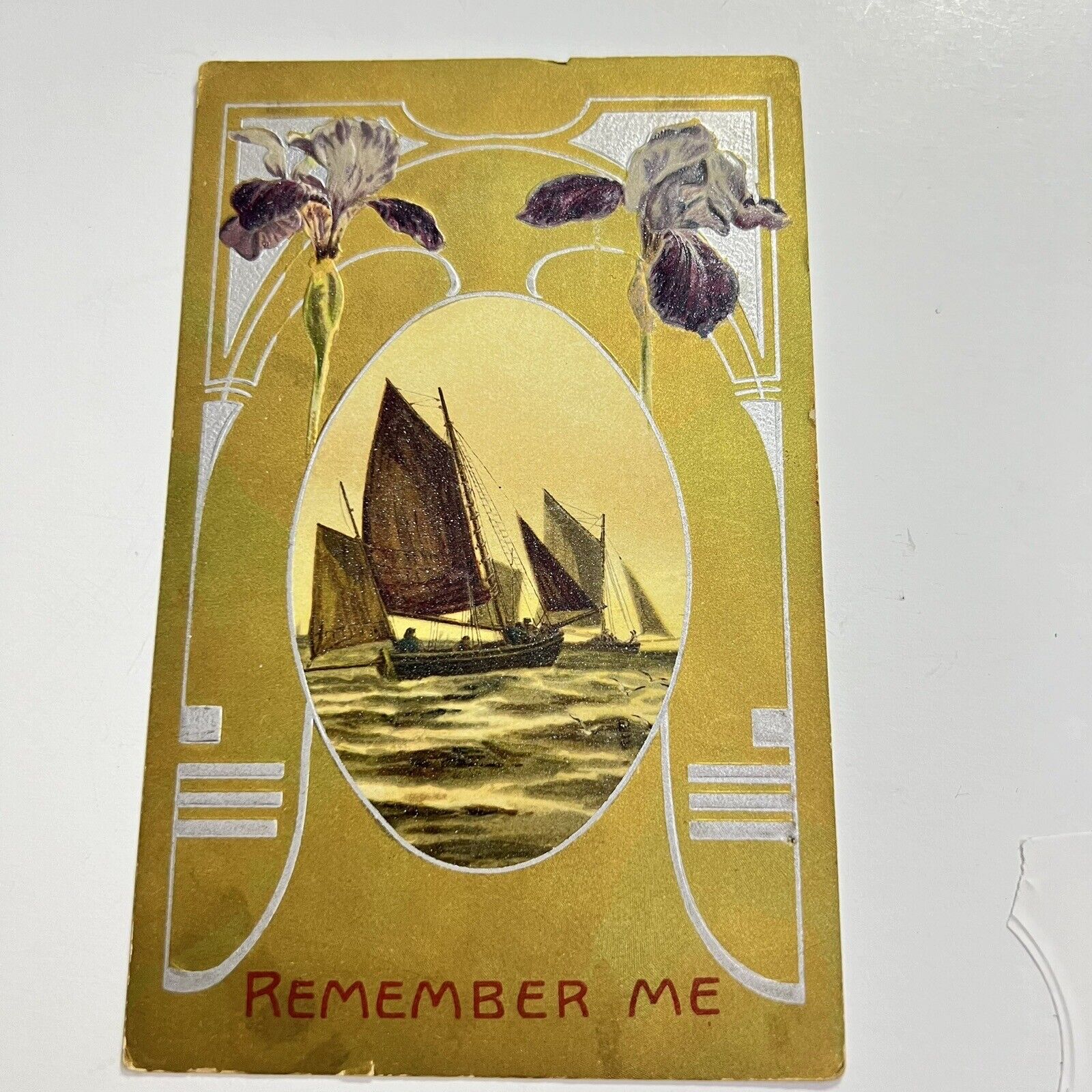 Sailboats Embossed Iris Vintage 1910 Nov Postcard Remember Me Printed Germany