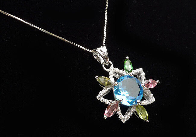 Jewelry Pendant Necklace Charms Suspension Natural BlueTopaz Crystal Tourmaline