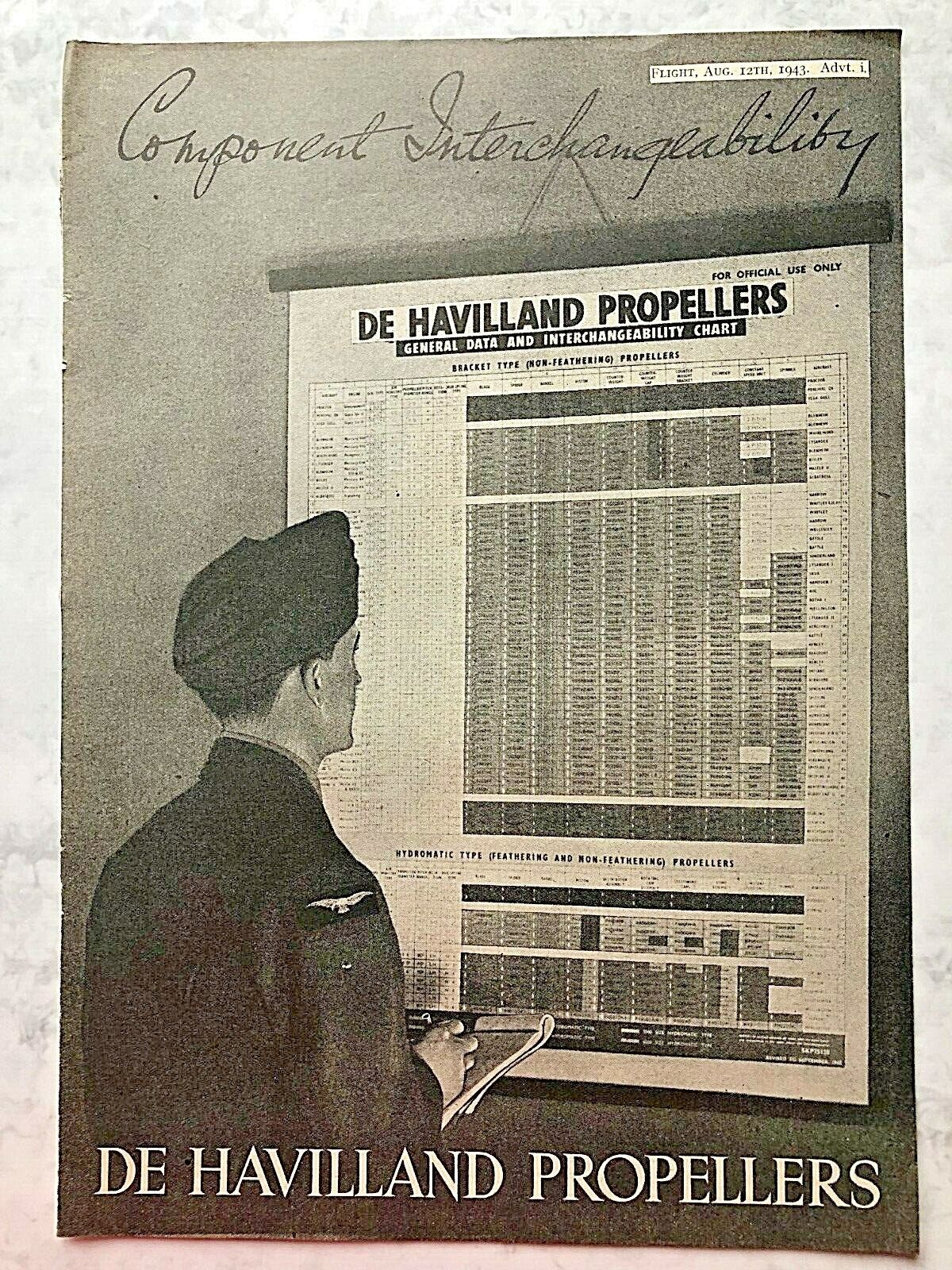 1943 Aircraft Advert DE HAVILLAND PROPELLERS COMPONENT INTERCHANGEABILITY CHART