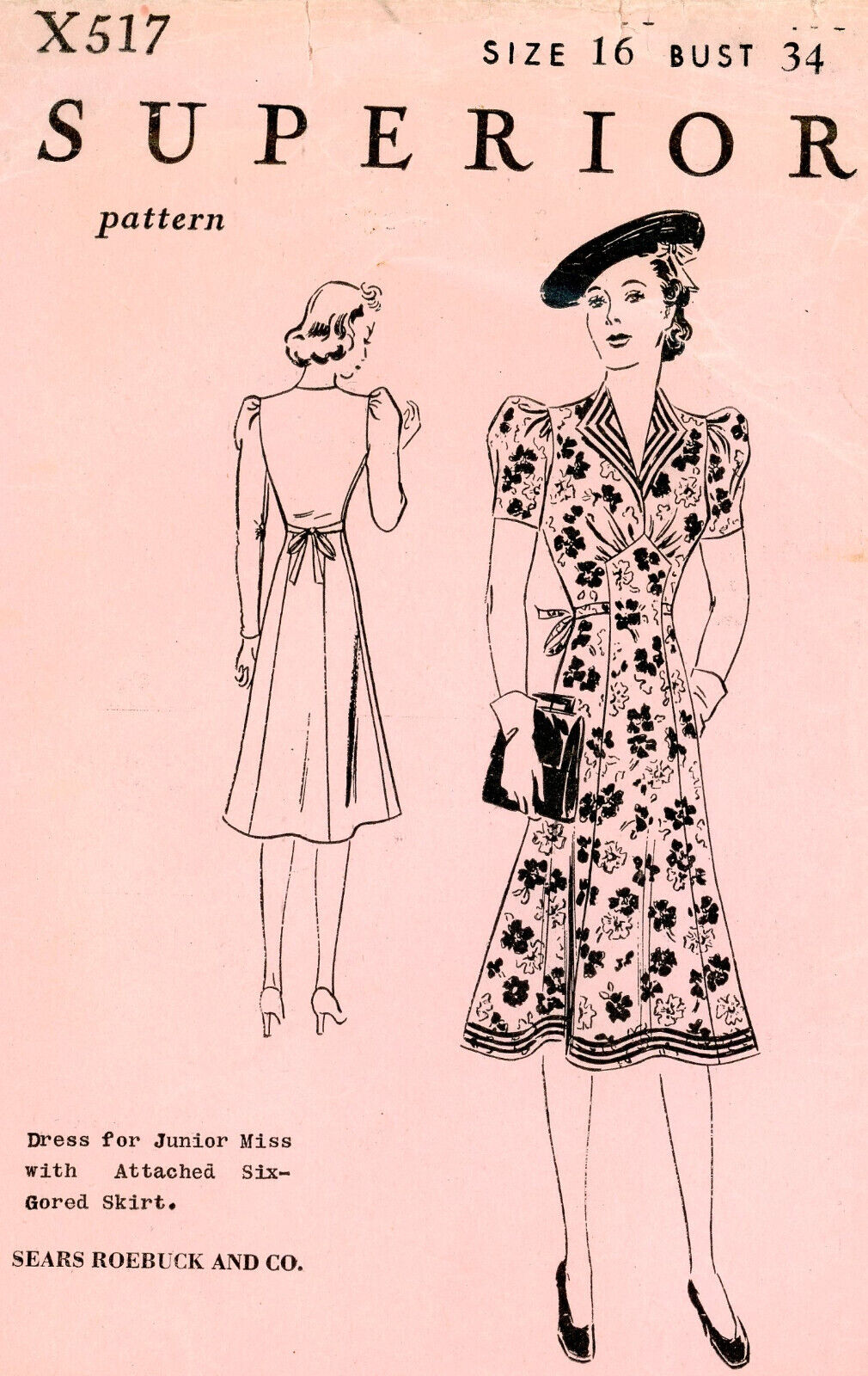 Vintage 1940s Superior Junior Miss Dress Sewing Pattern X517 Bust 34 Complete