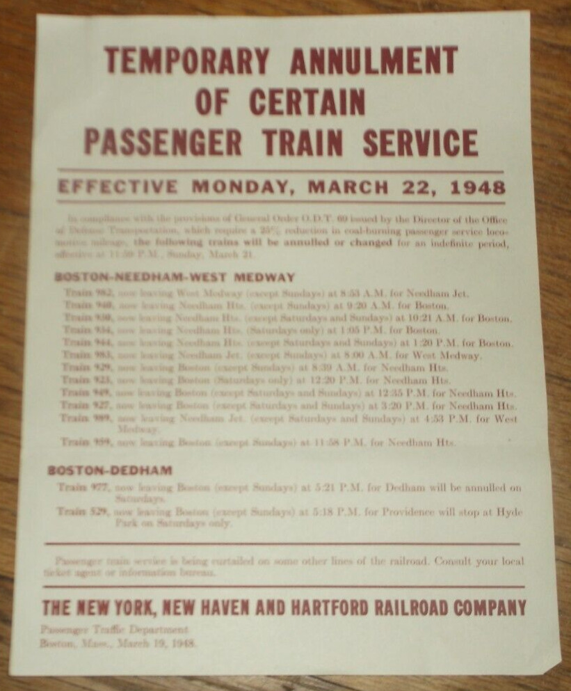MARCH 1948 NEW HAVEN COAL SHORTAGE TRAIN ANNULMENTS BROADSIDE BROCHURE NEEDHAM
