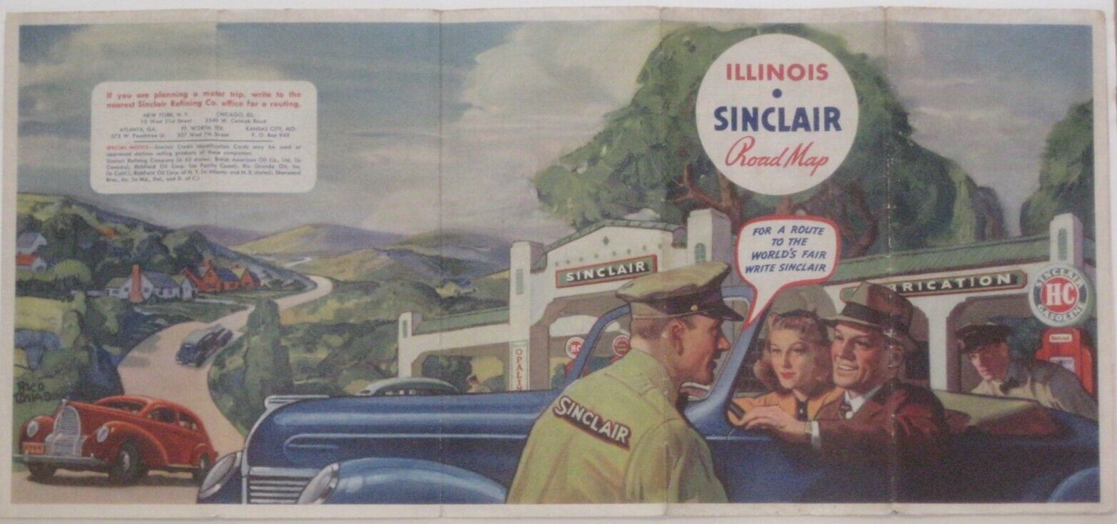1939 SINCLAIR OIL Road Map ILLINOIS Route 66 World's Fair 5-Panel Cover Artwork