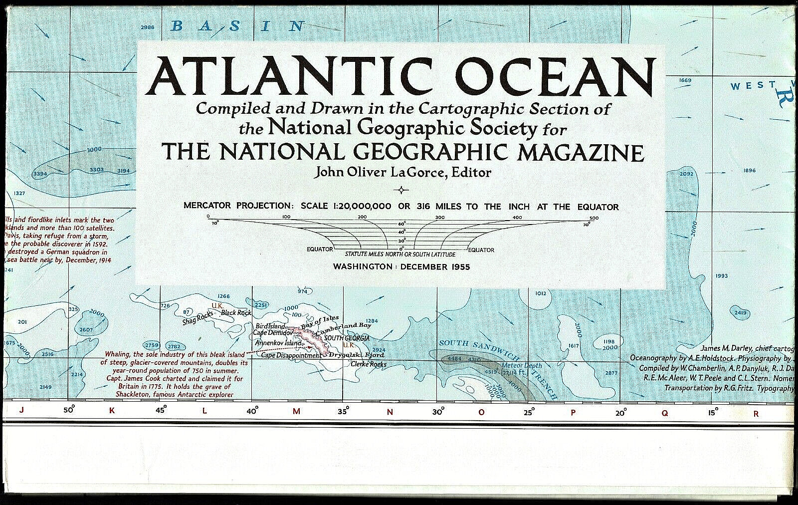 1955-12 Vintage Map ATLANTIC OCEAN National Geographic Single-side - (568)