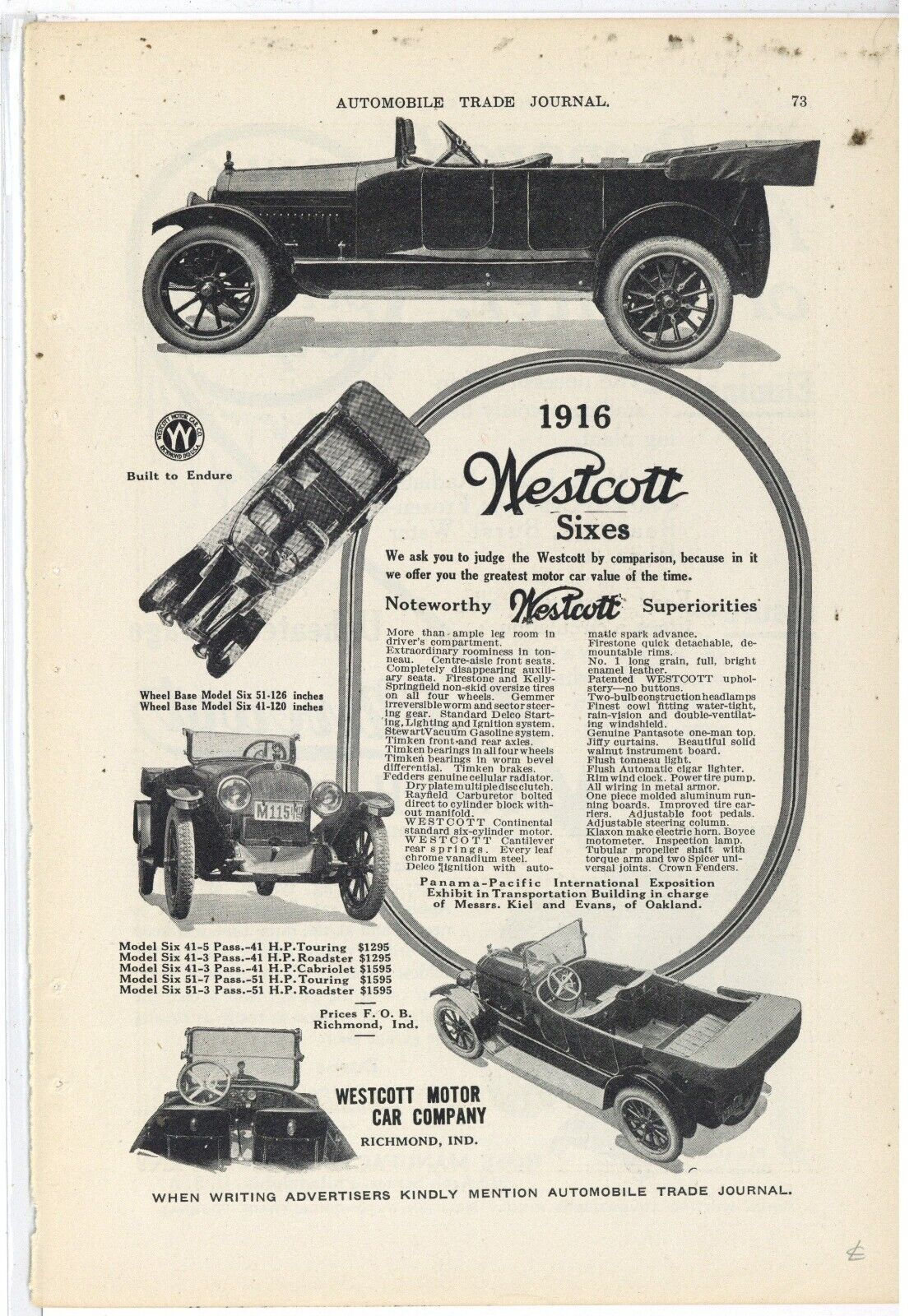 1916 Westcott Motor Car Co. Ad: Built to Endure - Richmond, Indiana
