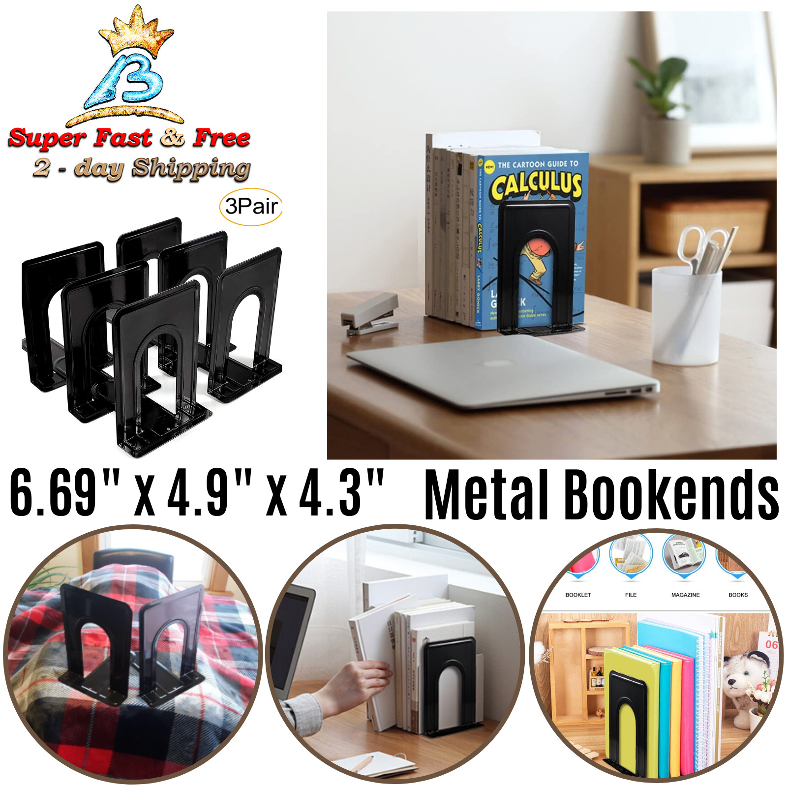 Black Metal Steel Book Ends Shelf Holder Stopper Support Book Organizer 6Pcs New