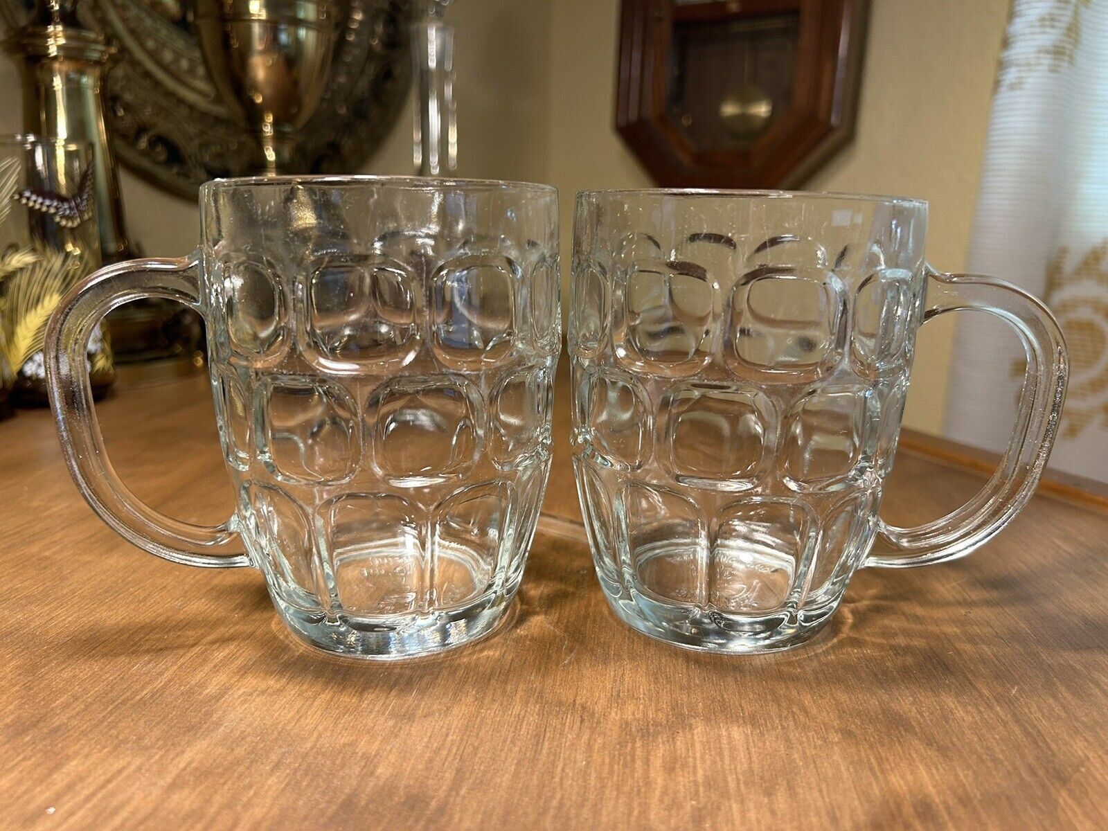 Pair of Vintage Dema England Dimple Thumbnail Glass Mugs 570ml 1 Pint 5\