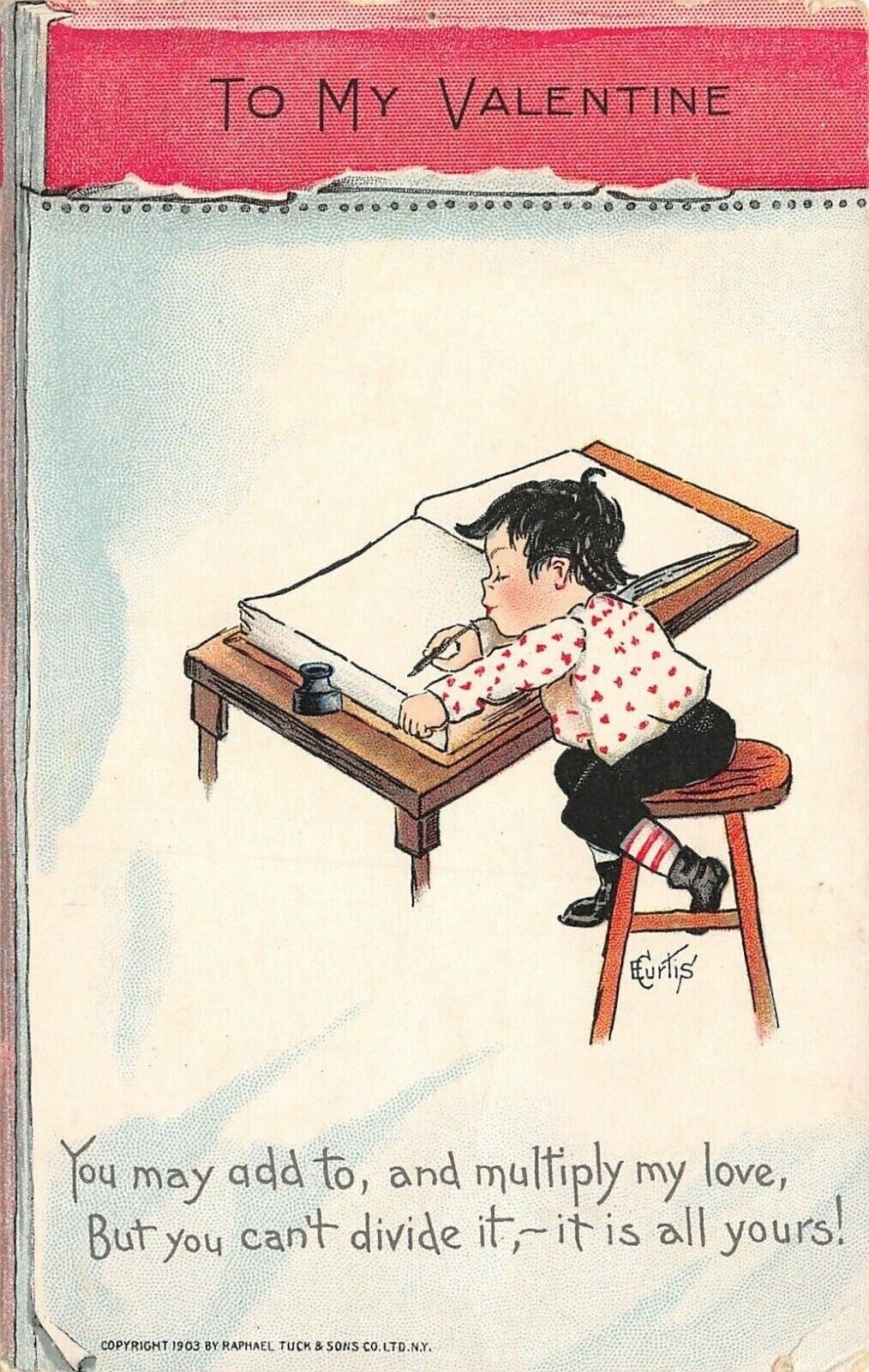 E Curtis Valentine~Boy at Accounting Bench~Can Add or Multiply My Love~1903 TUCK