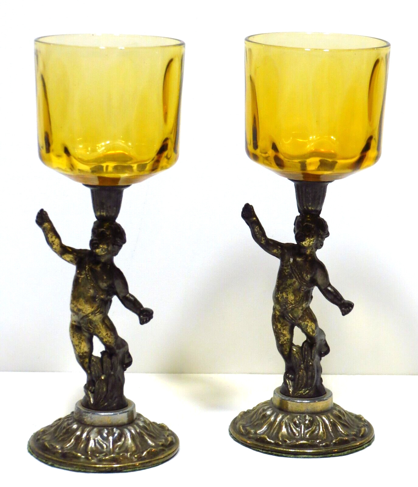 Vintage Brass Cherub Votive Candle Holder Amber Glass 8\
