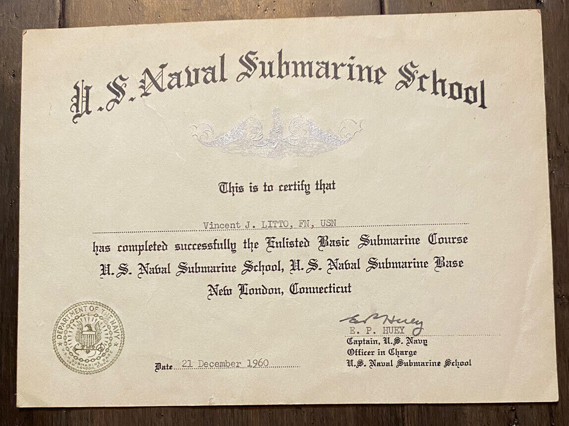 1960 US Naval Submarine School Course Certificate